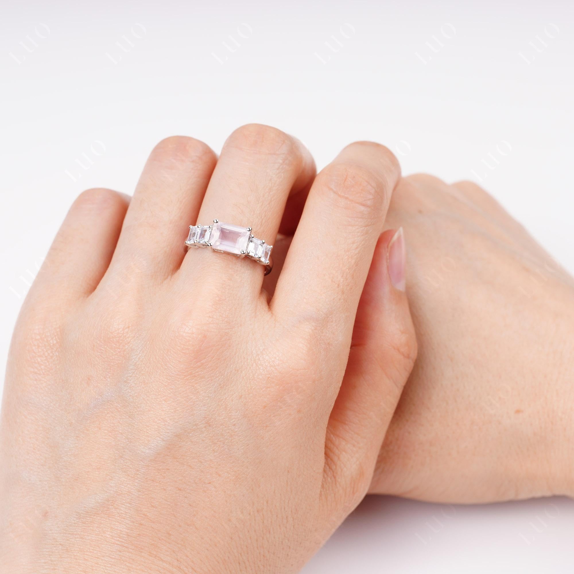 East West Emerald Cut Rose Quartz Ring | LUO Jewelry