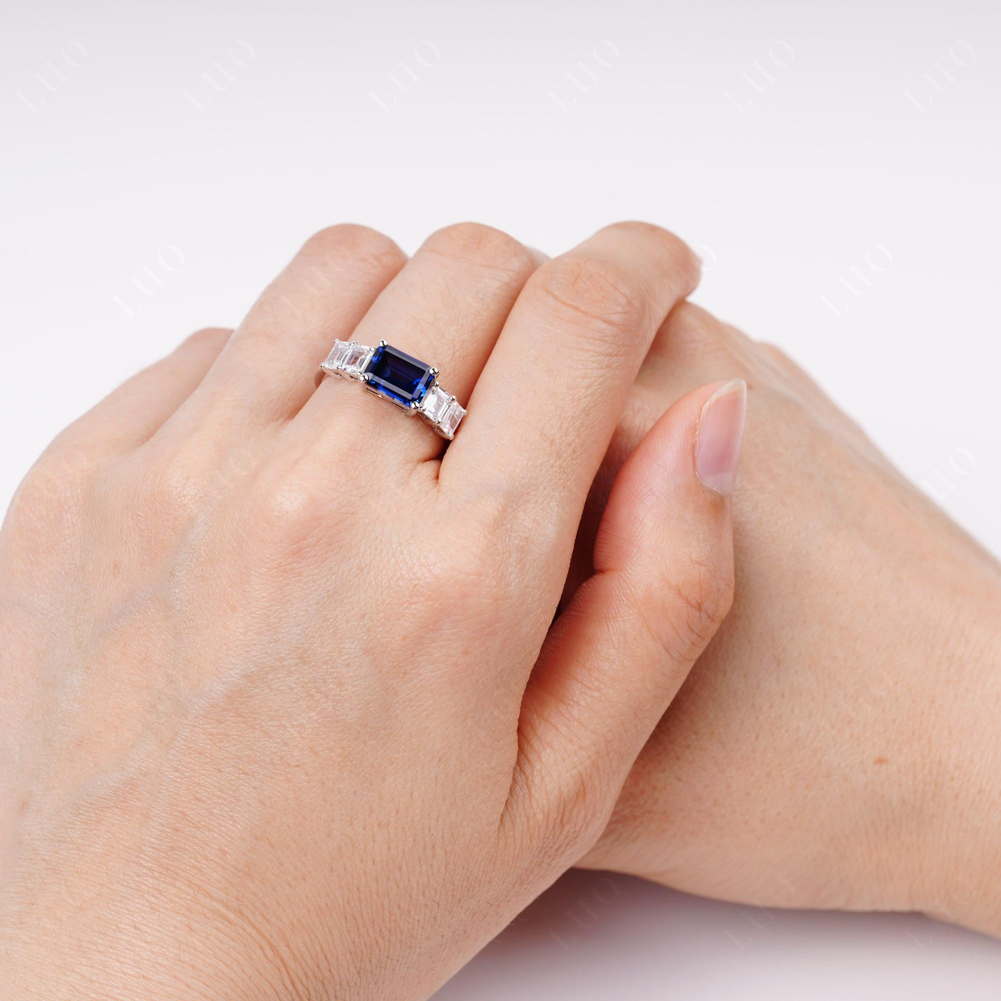 East West Emerald Cut Sapphire Ring | LUO Jewelry