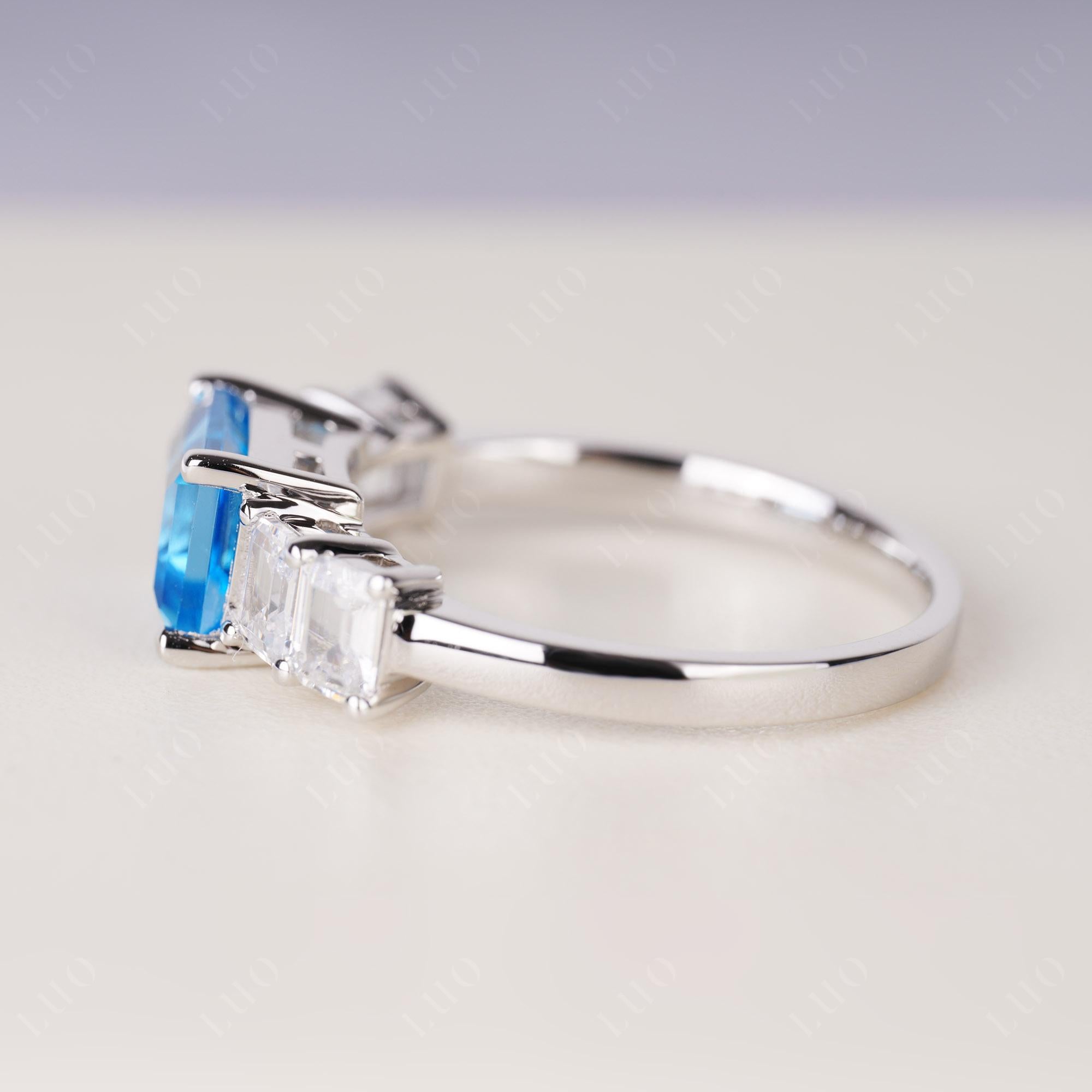 East West Emerald Cut Swiss Blue Topaz Ring | LUO Jewelry
