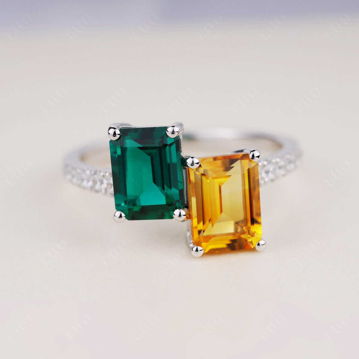Emerald and Citrine Toi Et Moi Ring | LUO Love Story 14k White Gold Sapphire Emerald Citrine Band Ring Size 7 main image 0