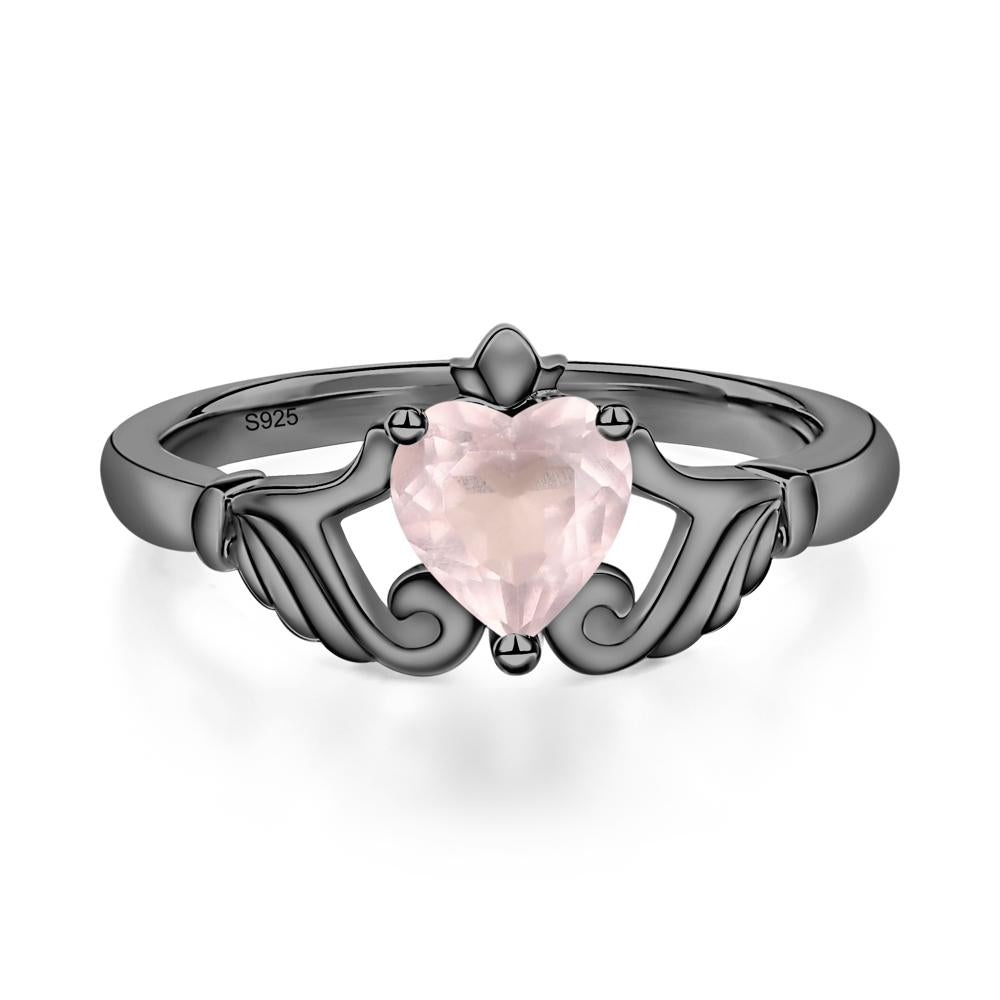 Heart Shaped Rose Quartz Claddagh Ring - LUO Jewelry #metal_black finish sterling silver