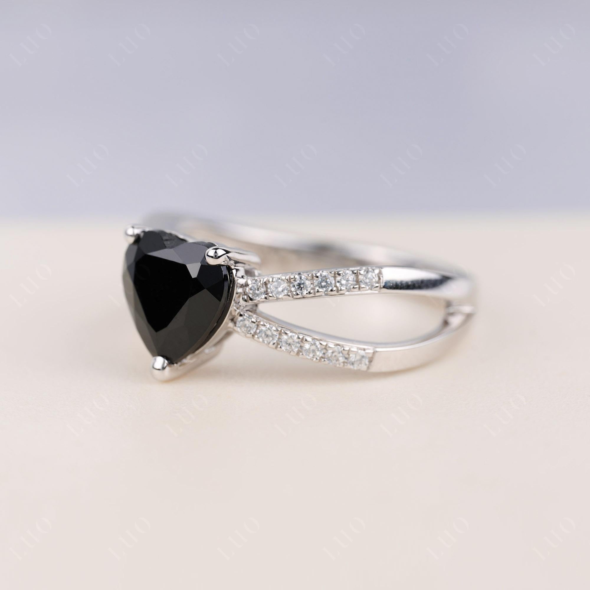Heart Shaped Black Spinel Ring Split Shank - LUO Jewelry