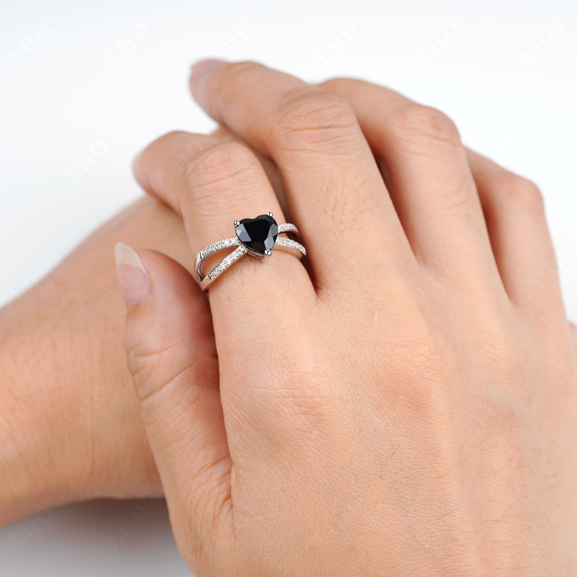 Heart Shaped Black Spinel Ring Split Shank - LUO Jewelry