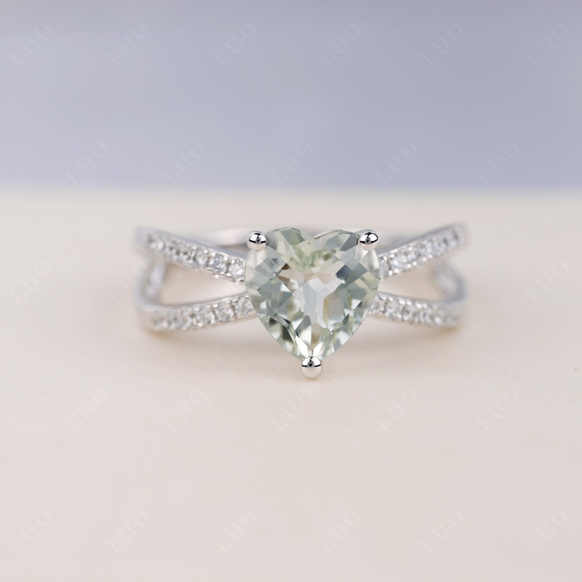 Heart Shaped Green Amethyst Ring Split Shank - LUO Jewelry