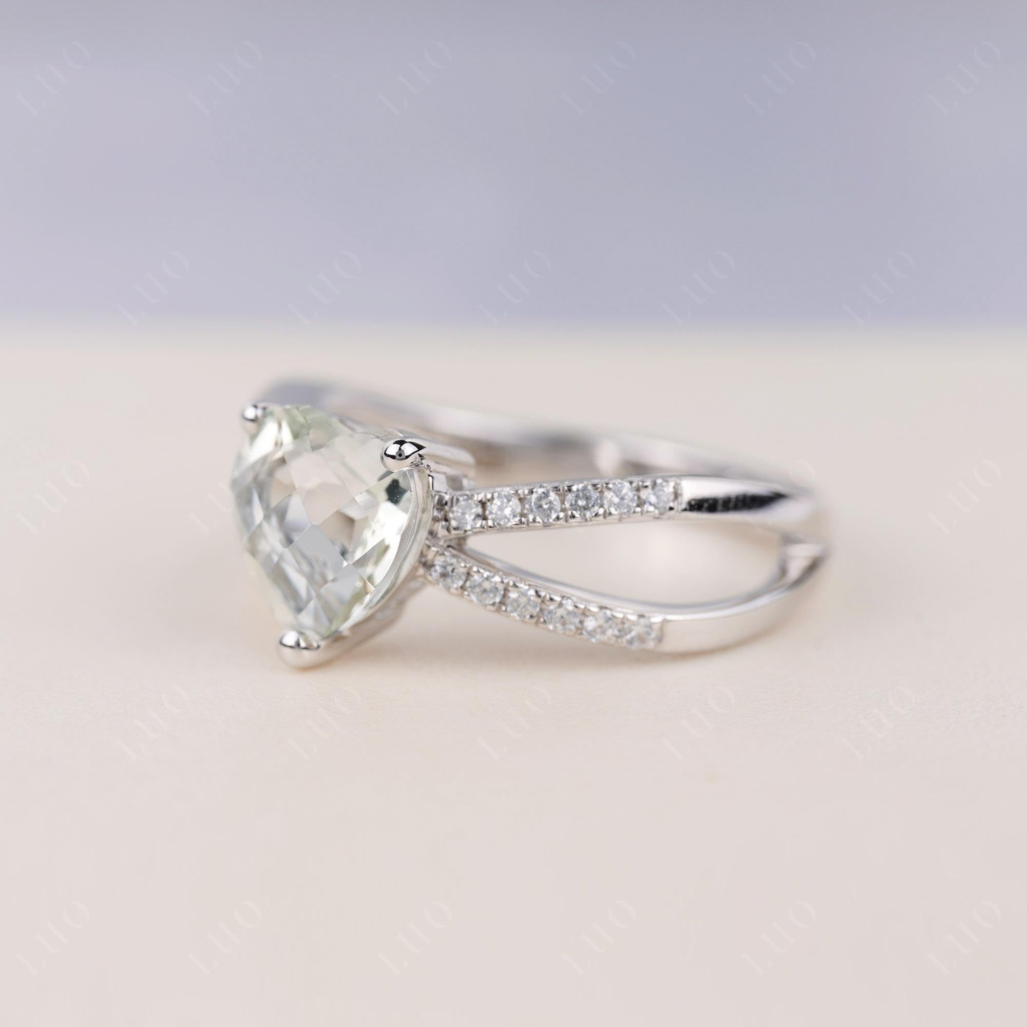 Heart Shaped Green Amethyst Ring Split Shank - LUO Jewelry
