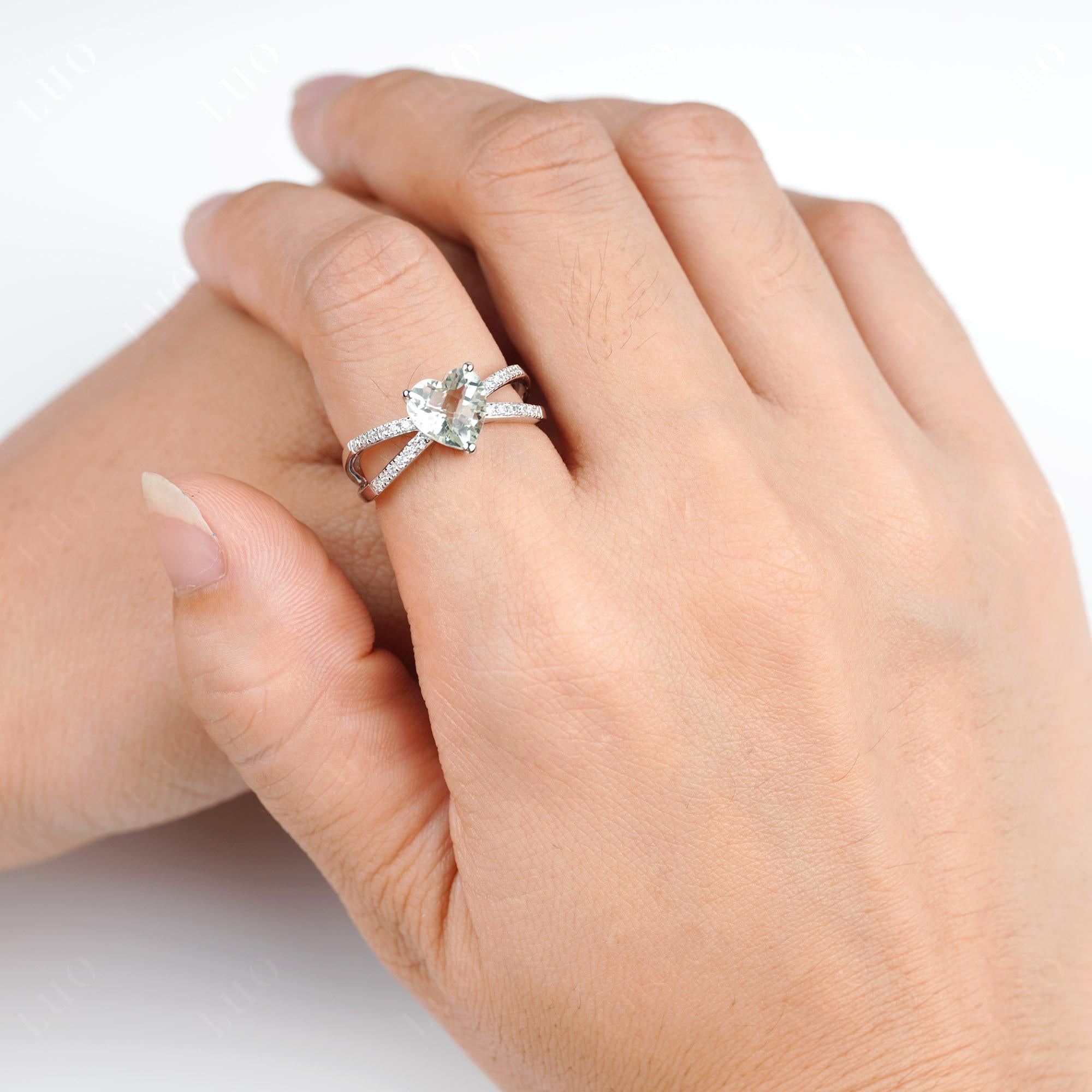 Heart Shaped Green Amethyst Ring Split Shank - LUO Jewelry
