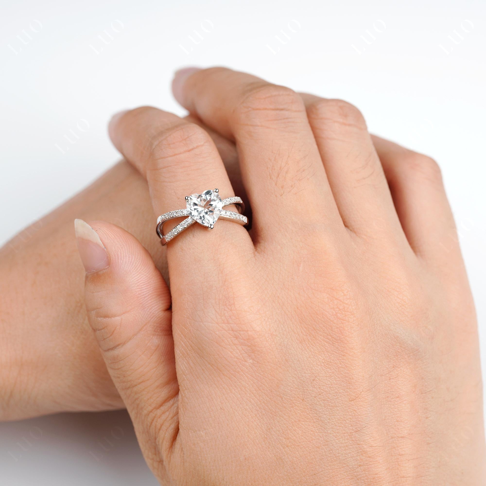 Heart Shaped White Topaz Ring Split Shank - LUO Jewelry