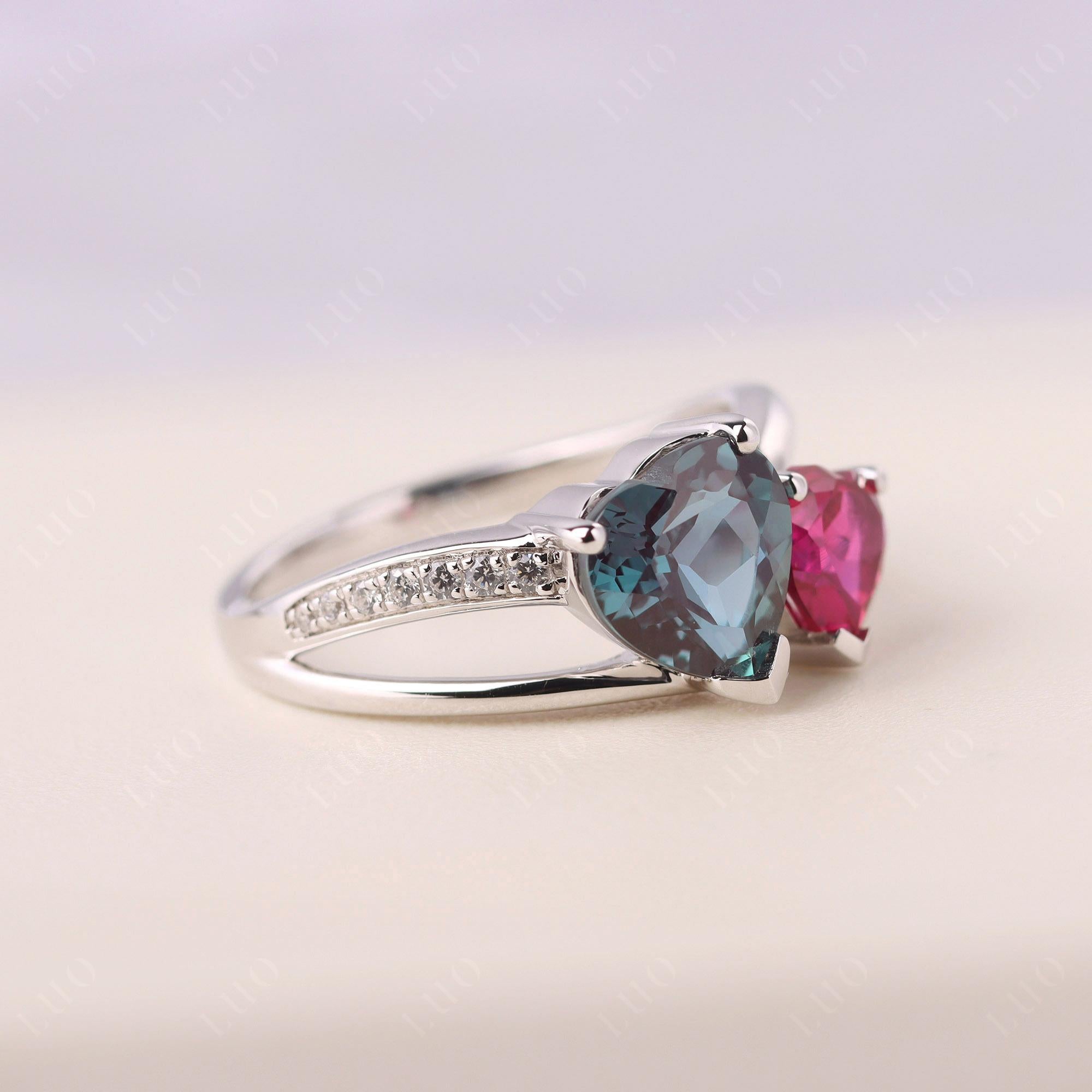 Heart Alexandrite and Ruby Toi Et Moi Ring - LUO Jewelry