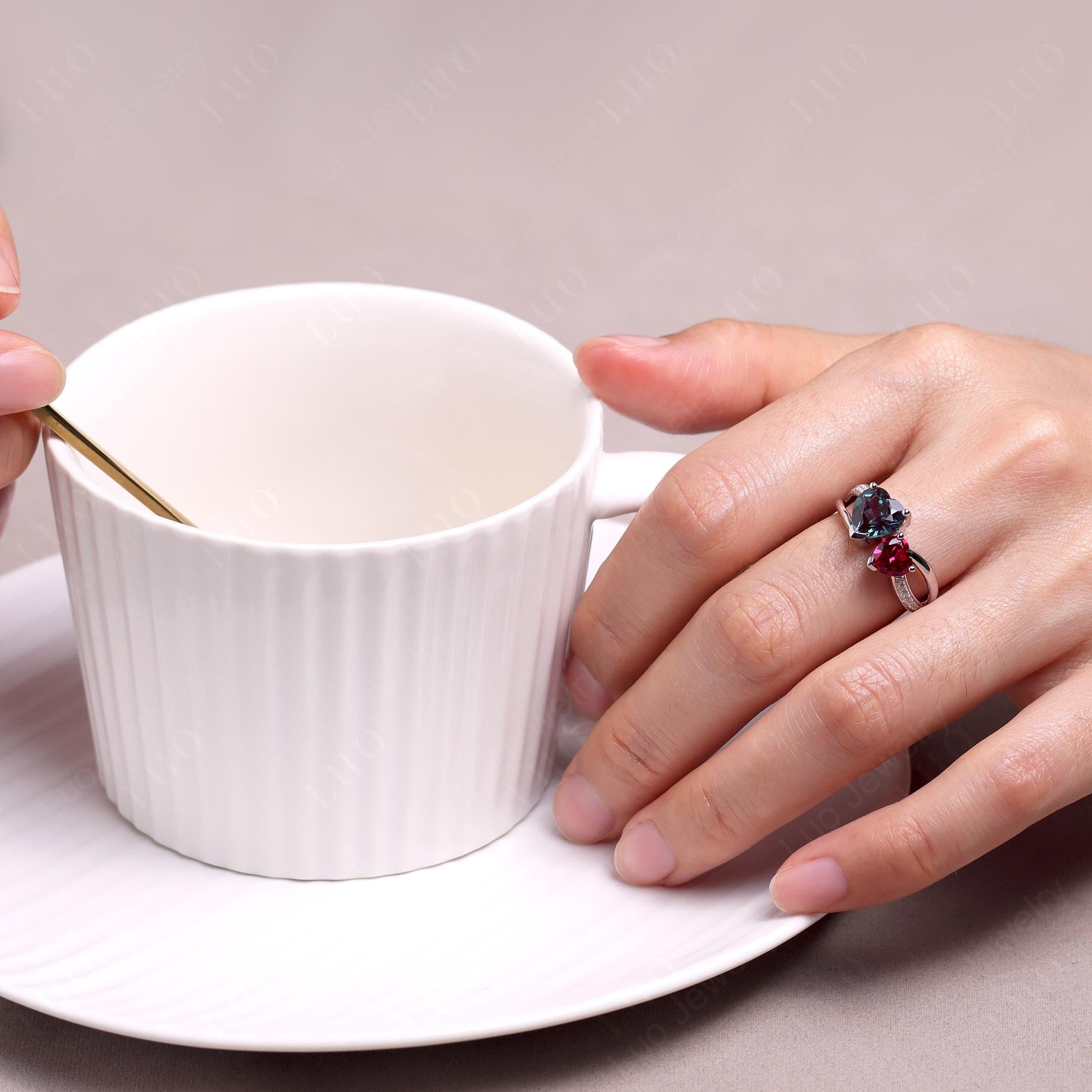 Heart Alexandrite and Ruby Toi Et Moi Ring - LUO Jewelry