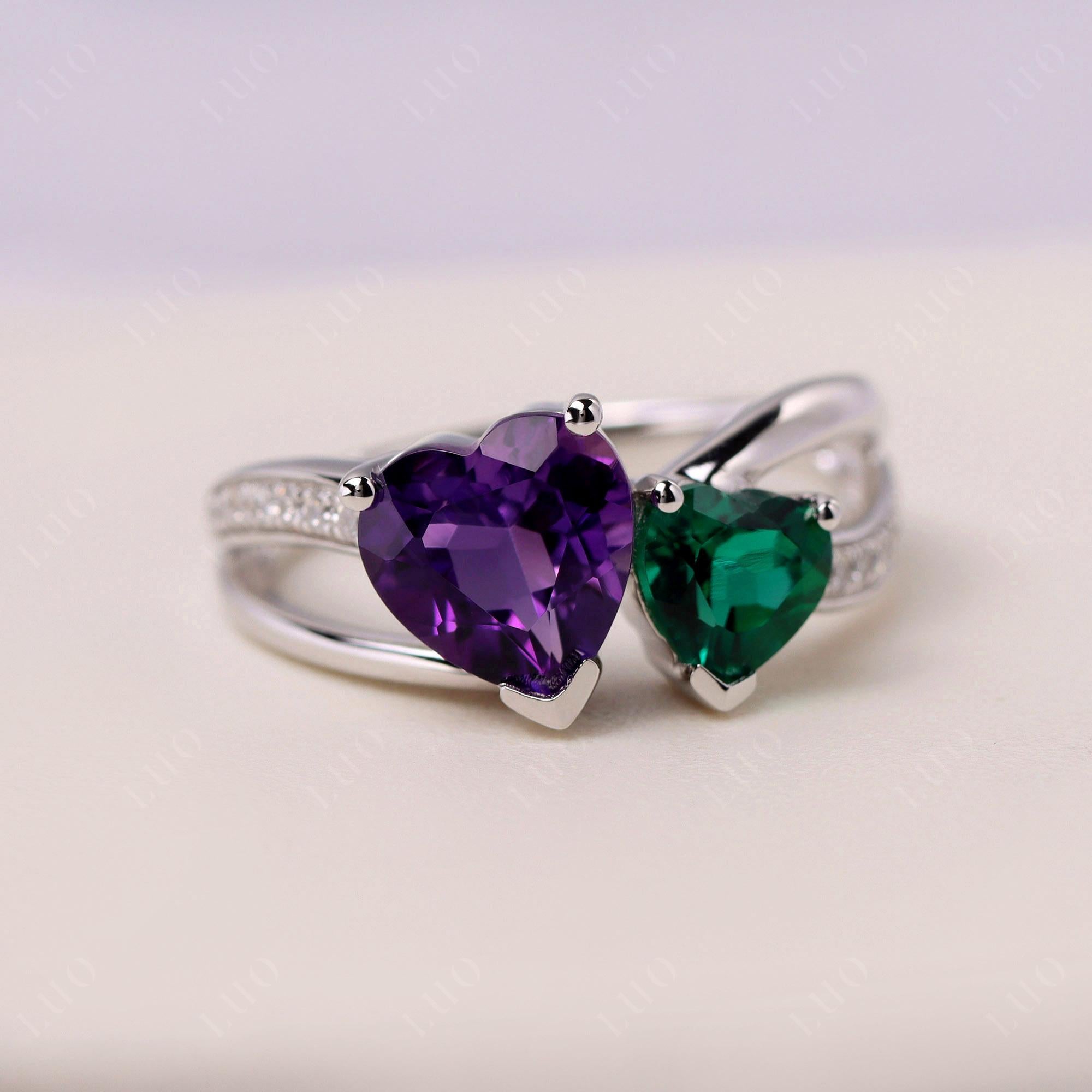 Amethyst and Emerald Heart Toi Et Moi Ring - LUO Jewelry