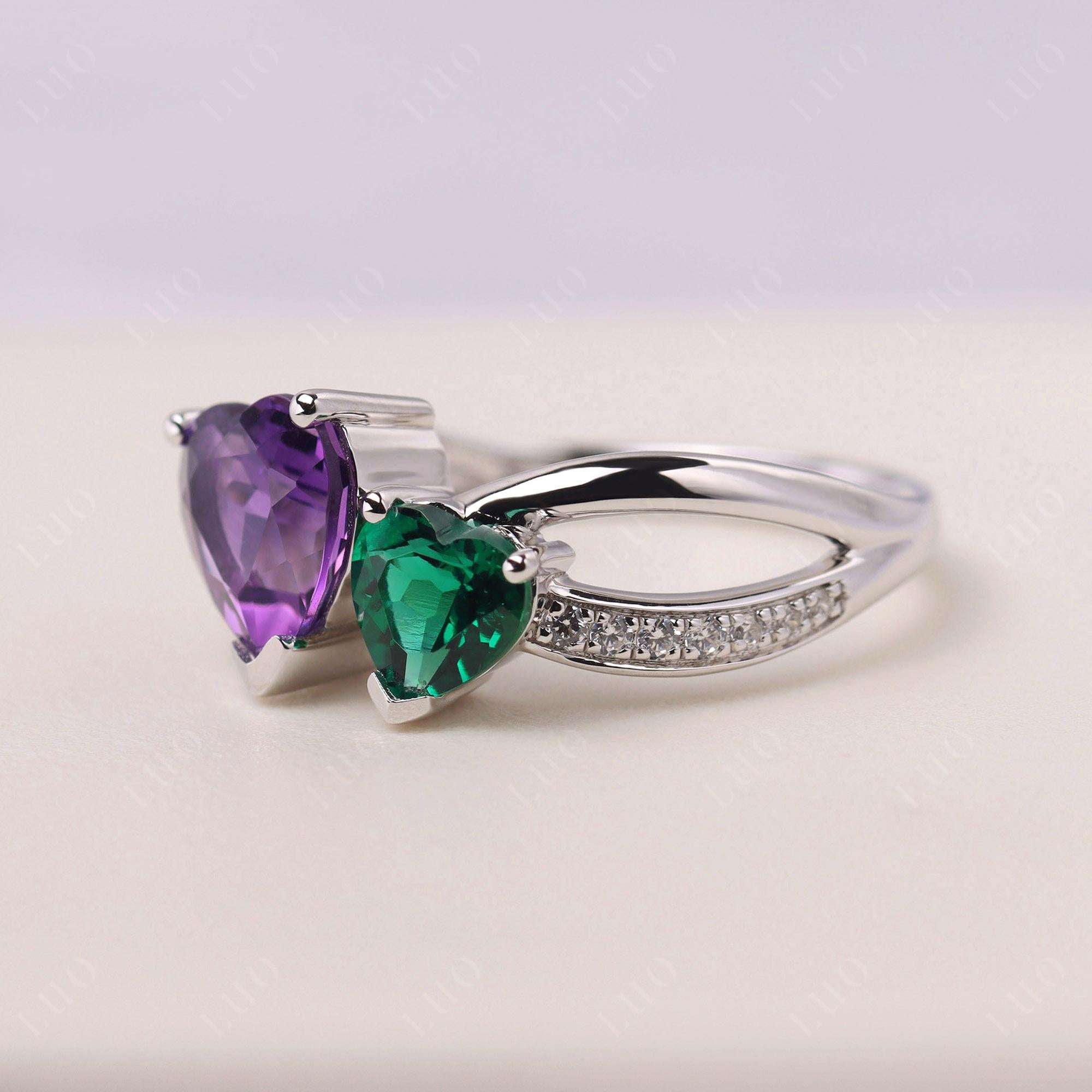 Amethyst and Emerald Heart Toi Et Moi Ring - LUO Jewelry