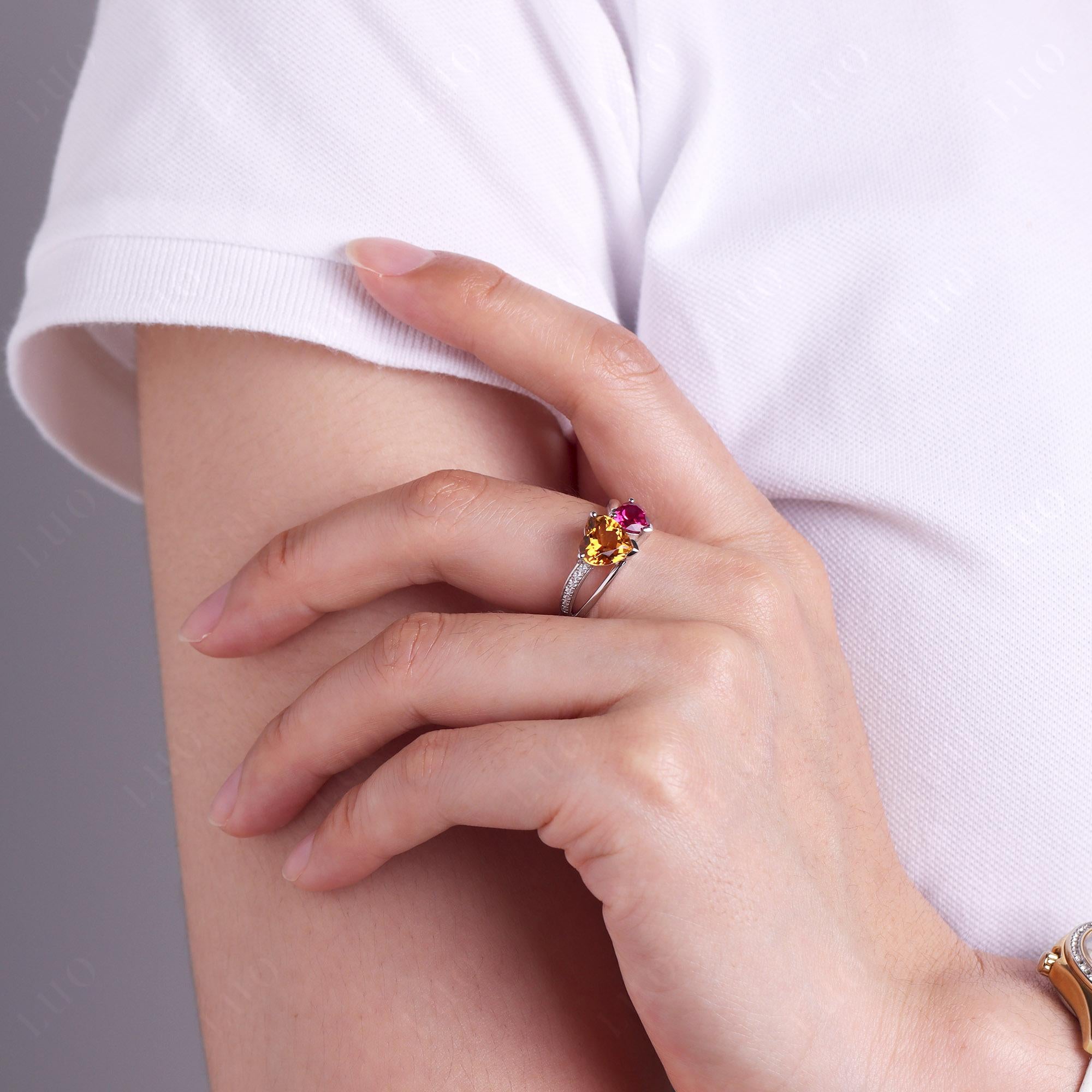 Citrine and Ruby Two Heart Ring - LUO Jewelry