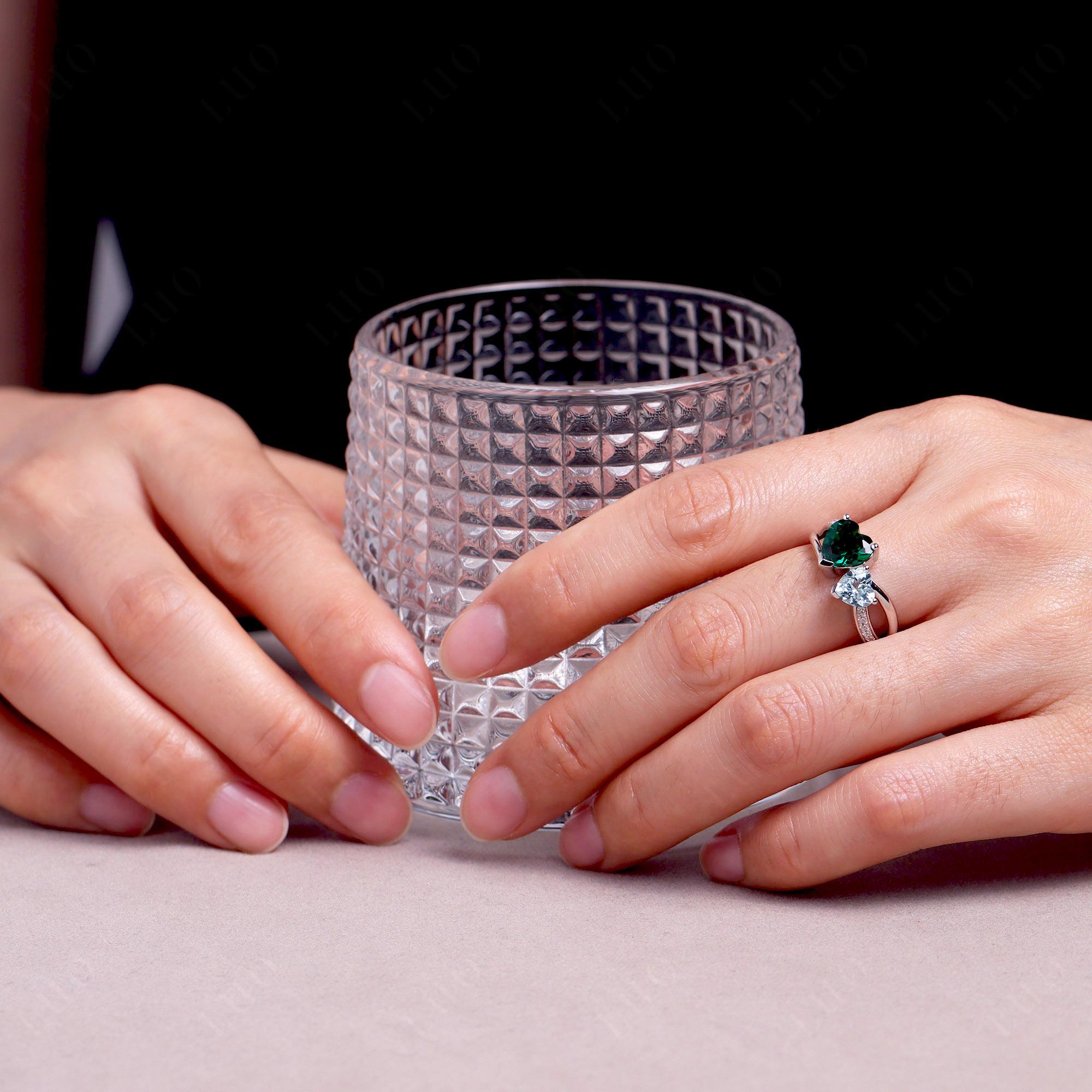 Aquamarine and Emerald Heart Toi Et Moi Ring - LUO Jewelry