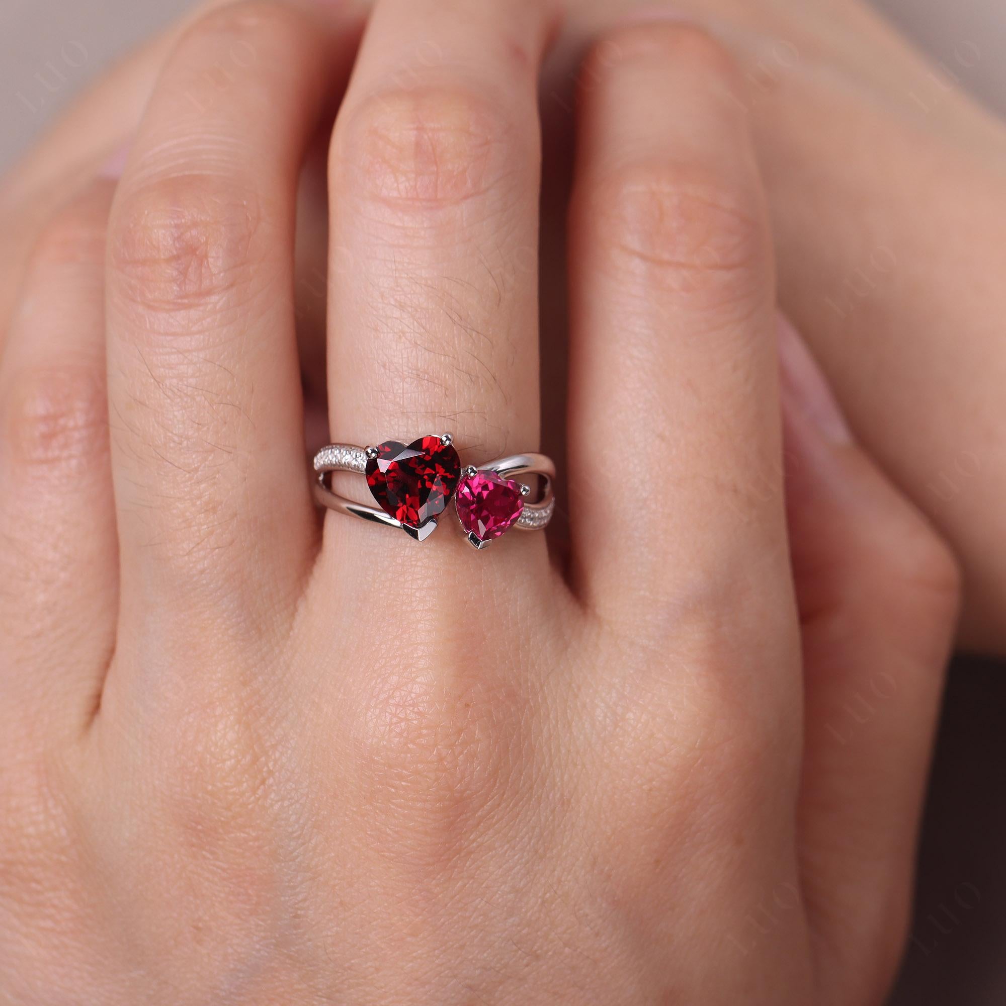 Garnet and Ruby Two Heart Ring - LUO Jewelry