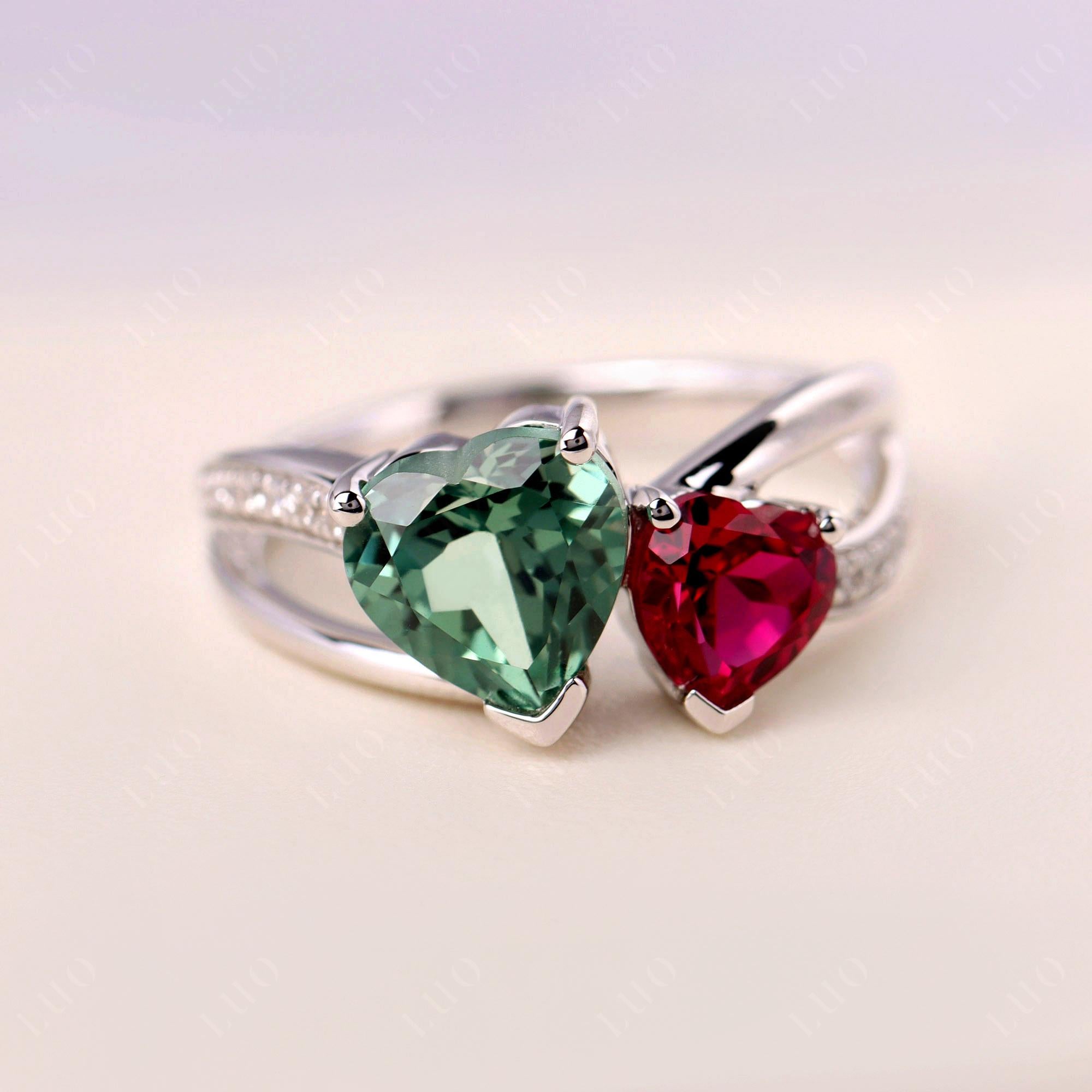 Heart Green Sapphire and Ruby Toi Et Moi Ring - LUO Jewelry