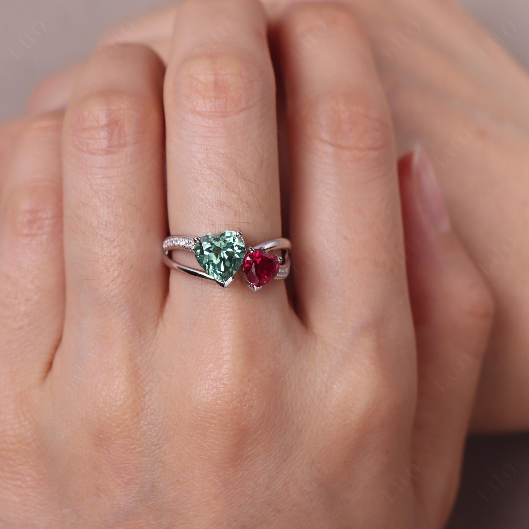 Heart Green Sapphire and Ruby Toi Et Moi Ring - LUO Jewelry