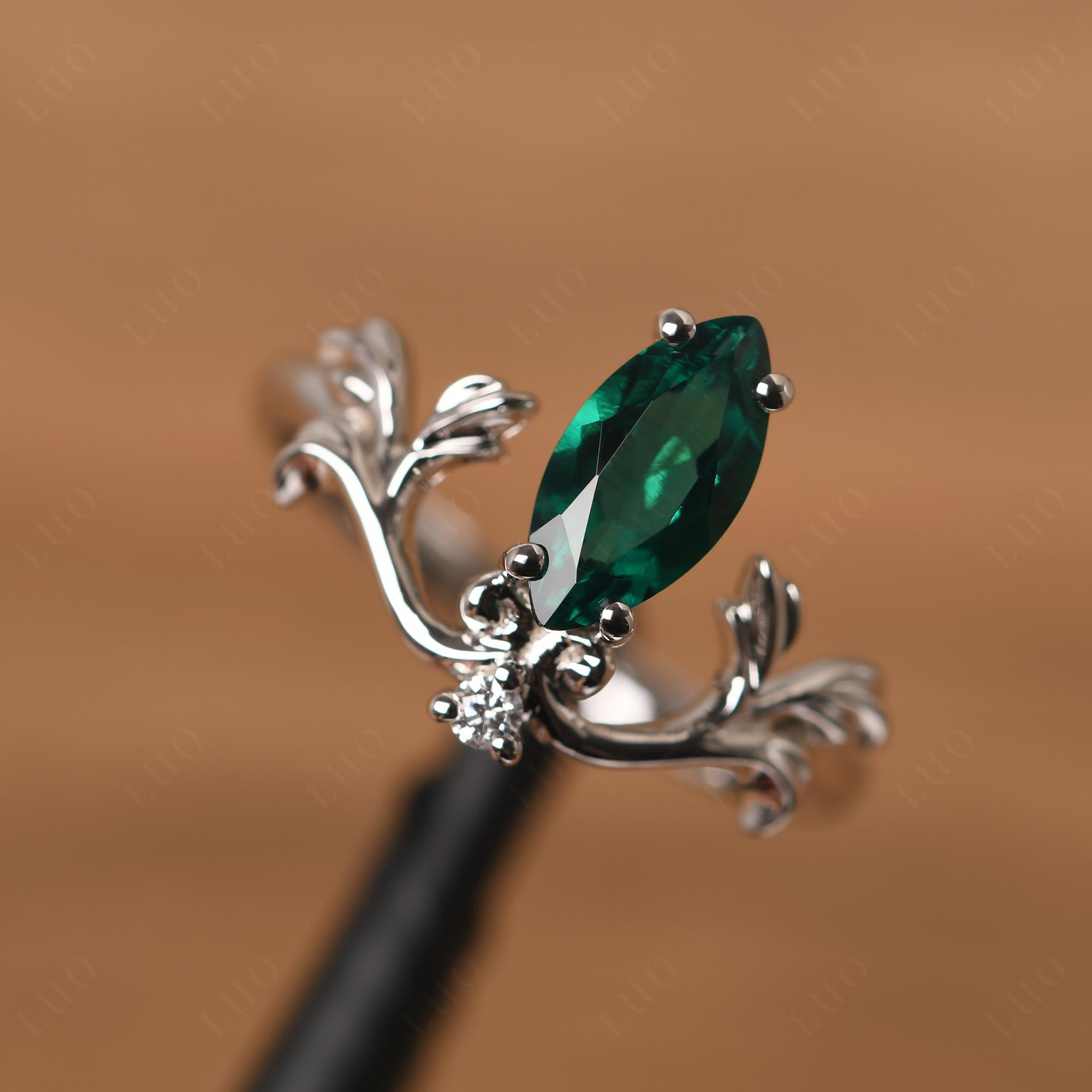 Baroque Marquise Cut Lab Grown Emerald Ring - LUO Jewelry