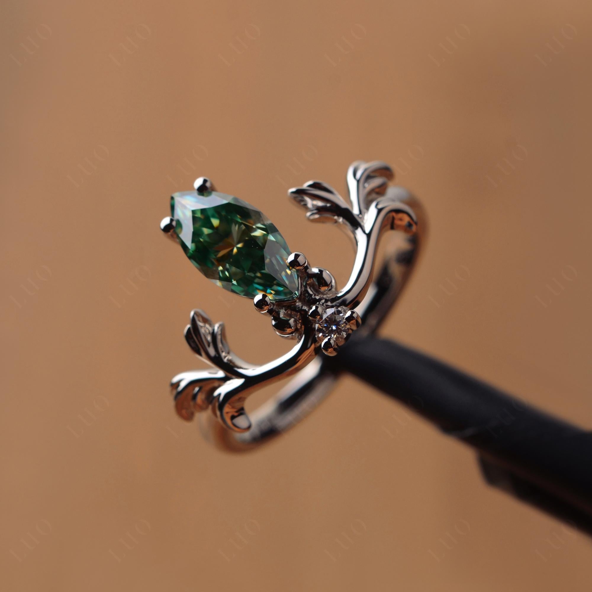 Baroque Marquise Cut Green Moissanite Ring - LUO Jewelry