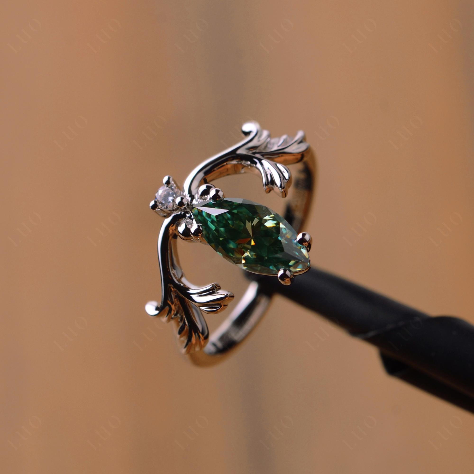 Baroque Marquise Cut Green Moissanite Ring - LUO Jewelry