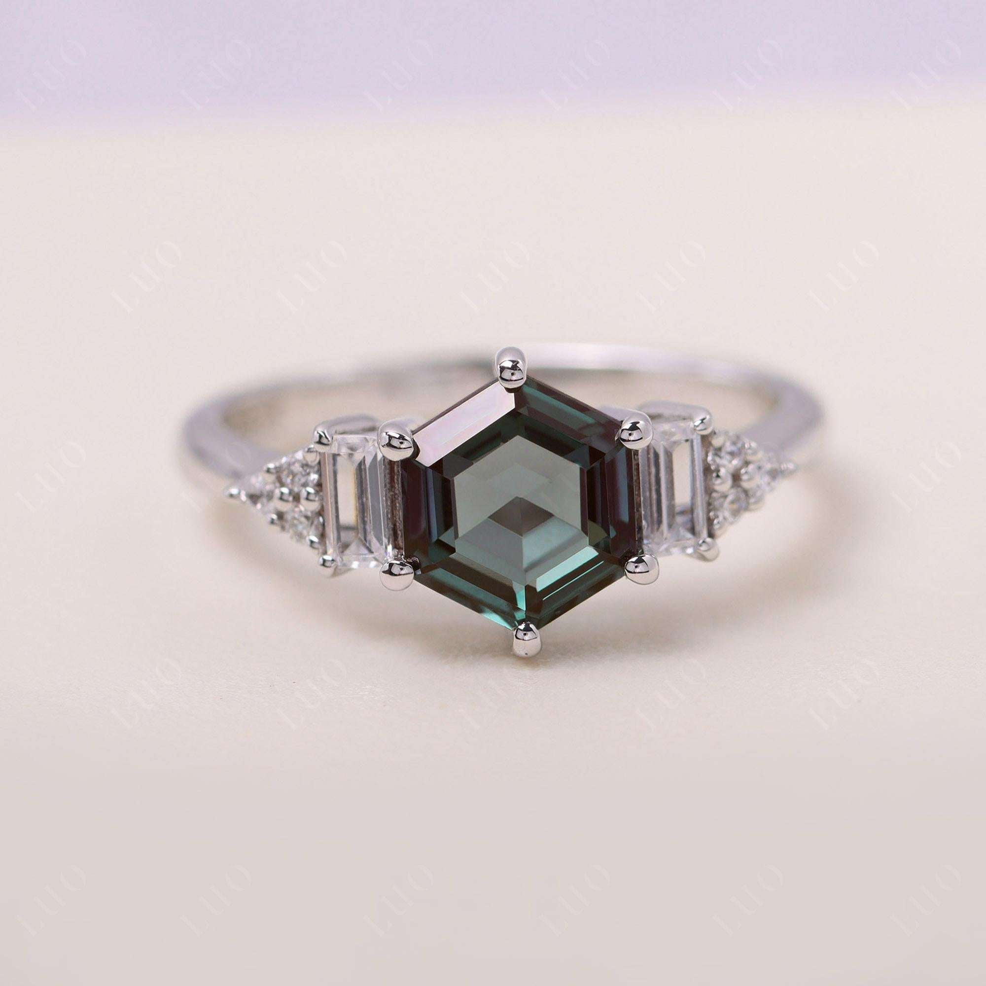 Hexagon Alexandrite Ring with Baguette - LUO Jewelry