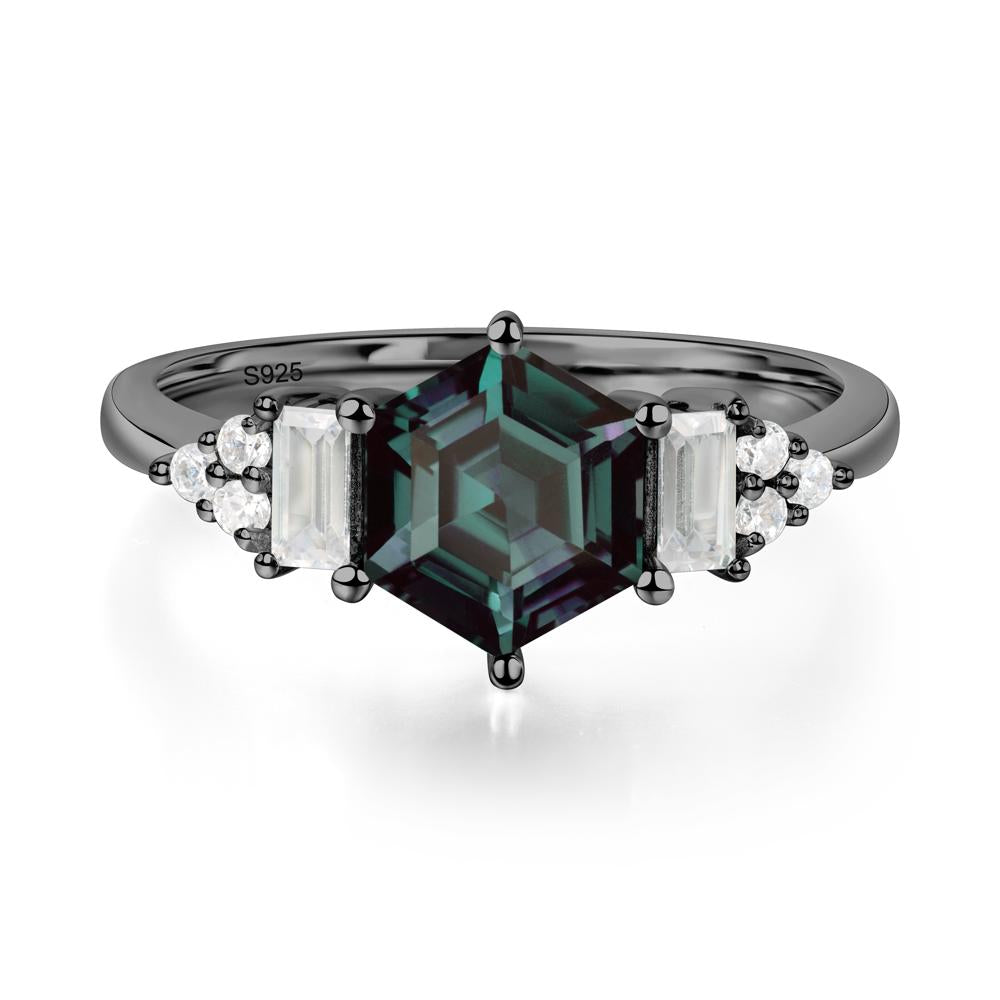 Hexagon Alexandrite Ring with Baguette - LUO Jewelry #metal_black finish sterling silver