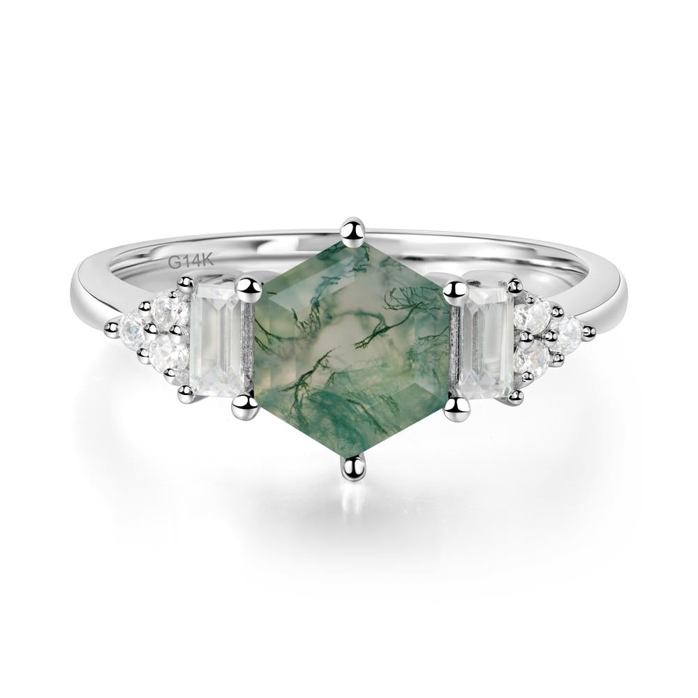 Hexagon Moss Agate Ring with Baguette - LUO Jewelry #metal_14k white gold