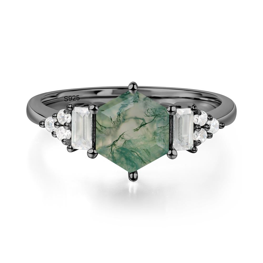 Hexagon Moss Agate Ring with Baguette - LUO Jewelry #metal_black finish sterling silver