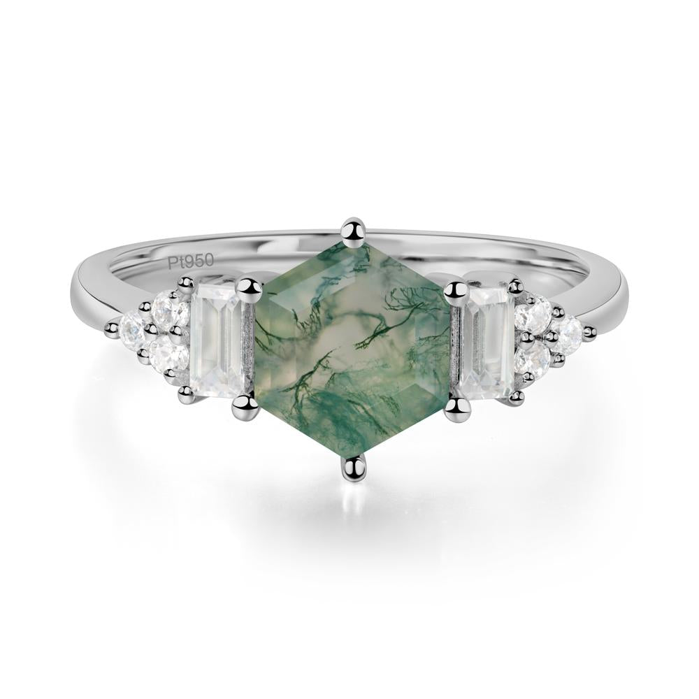 Hexagon Moss Agate Ring with Baguette - LUO Jewelry #metal_platinum