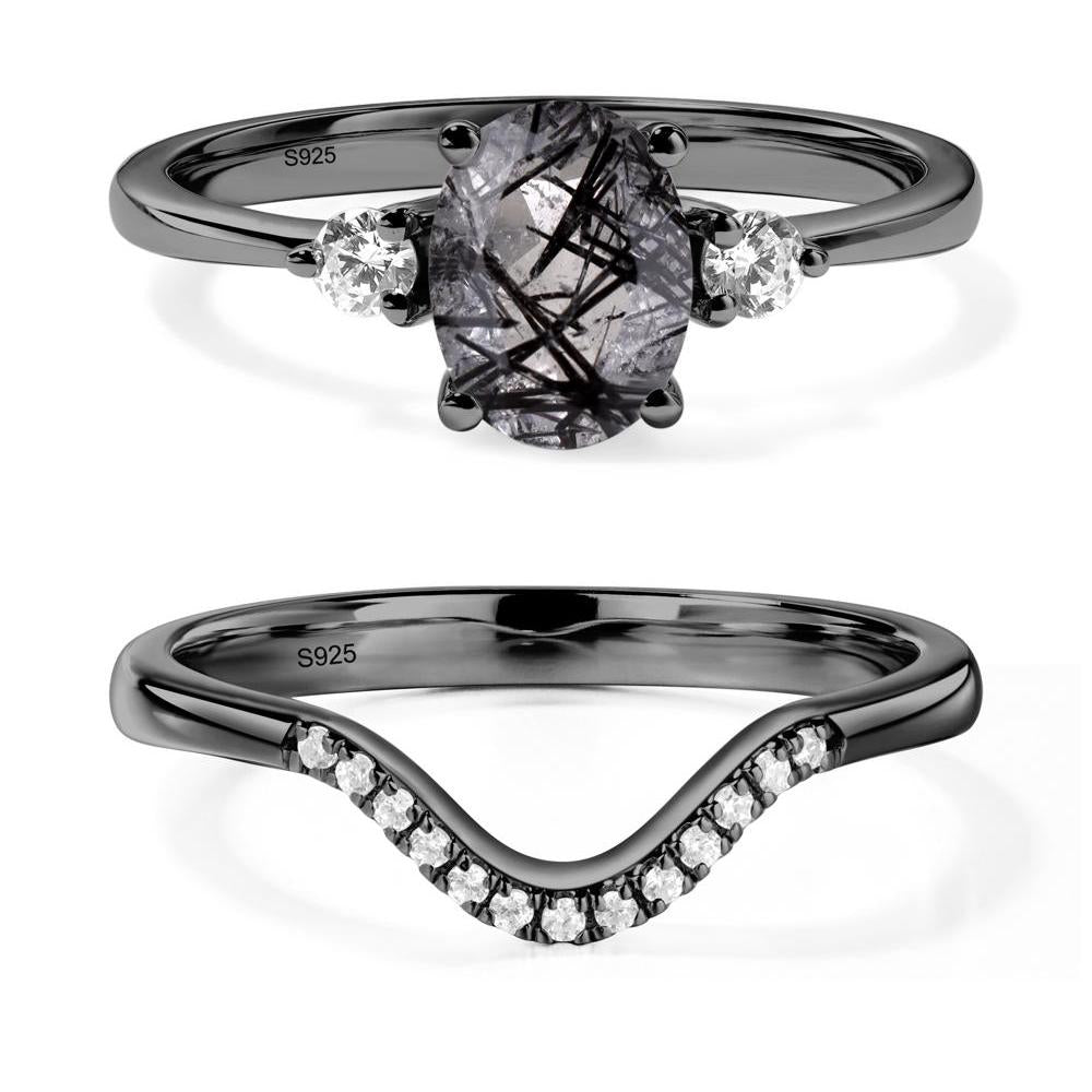 Trilogy Oval Black Rutilated Quartz Ring - LUO Jewelry #metal_black finish sterling silver
