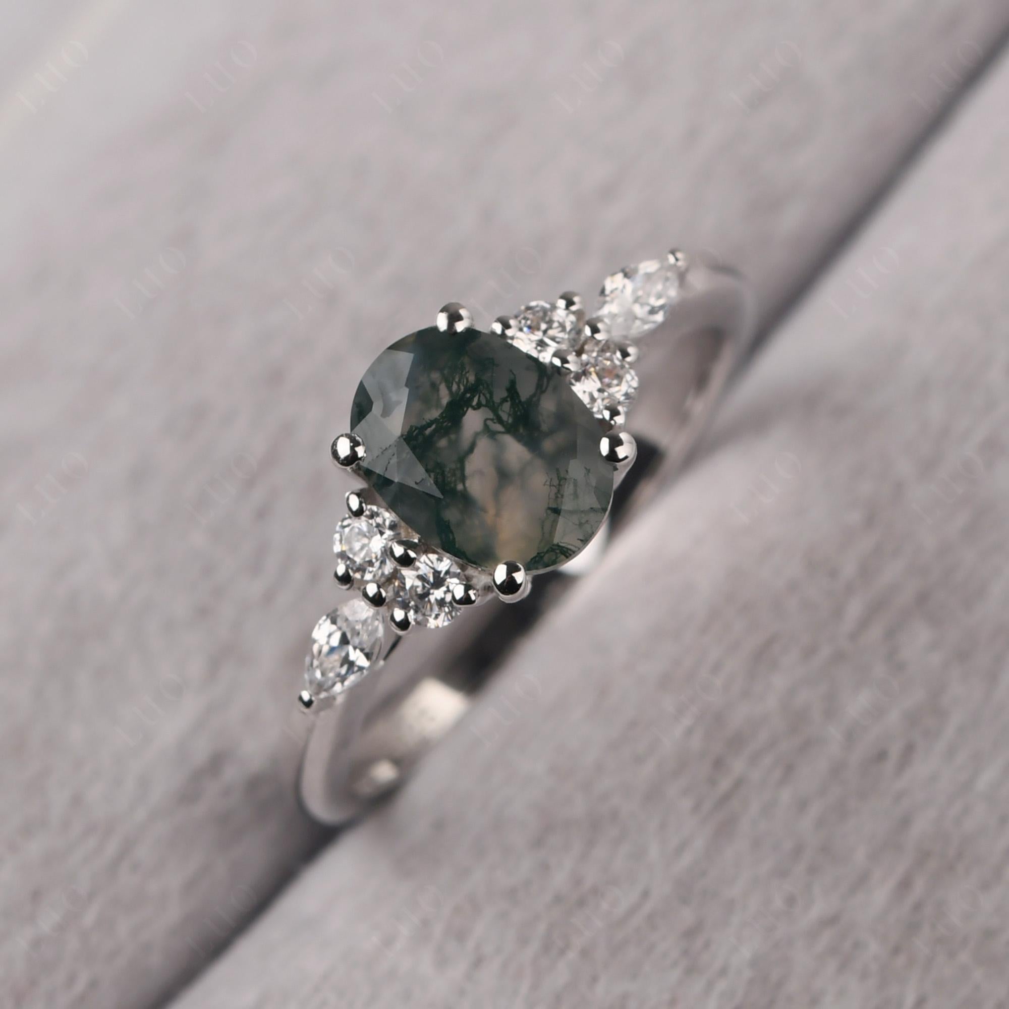 Simple Oval Moss Agate Engagement Ring - LUO Jewelry