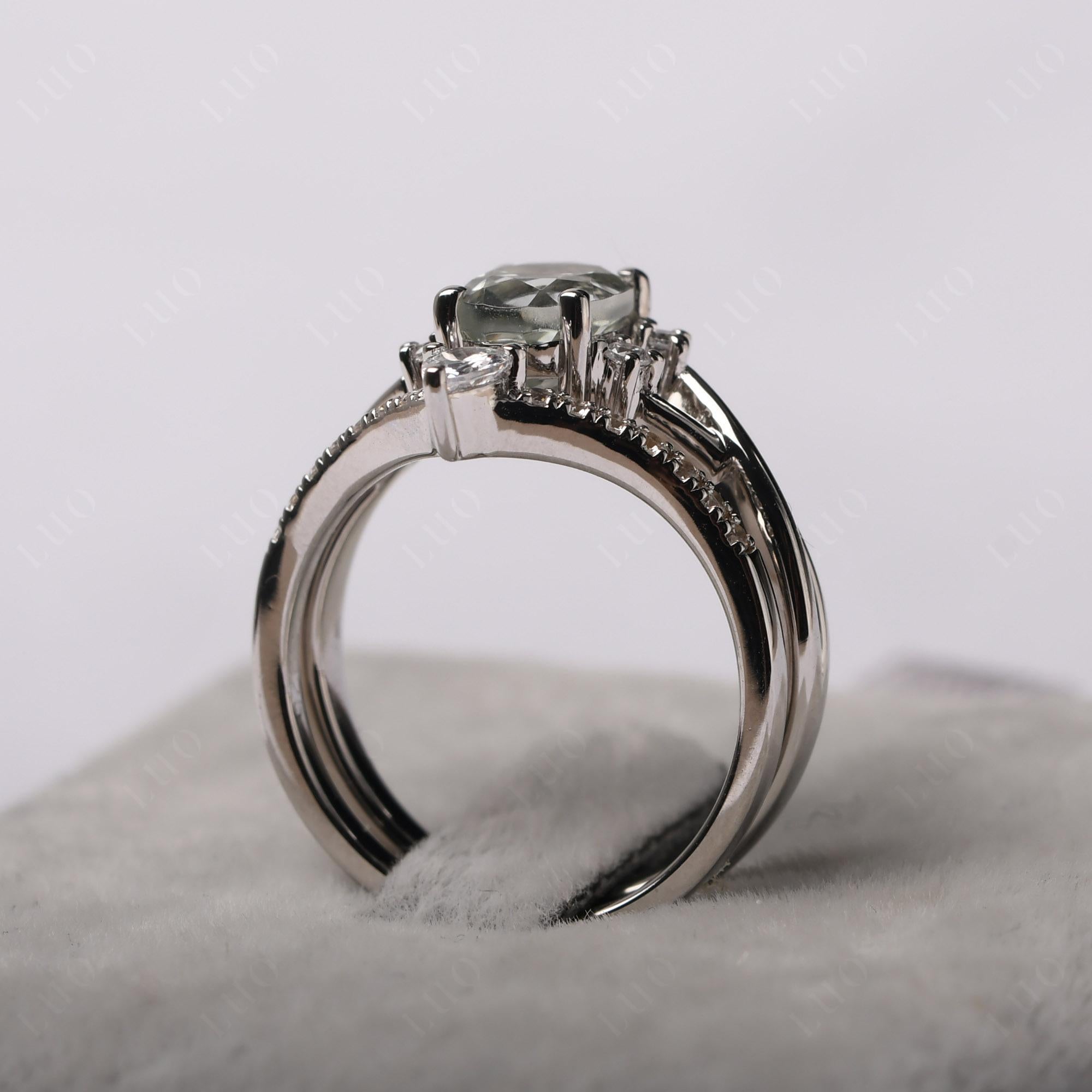 Oval Green Amethyst Wedding Ring Set - LUO Jewelry