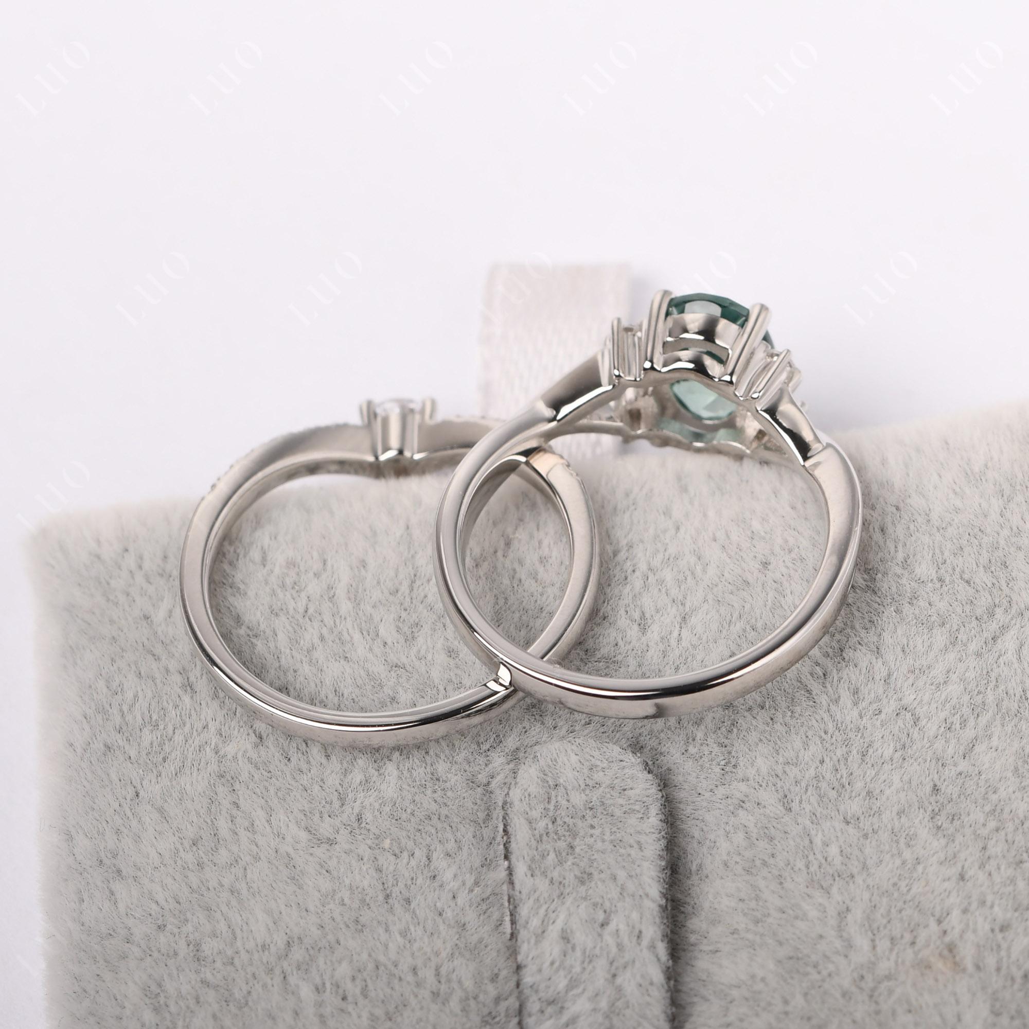 Green Sapphire Oval Engagement Ring with Wedding Band - LUO Jewelry