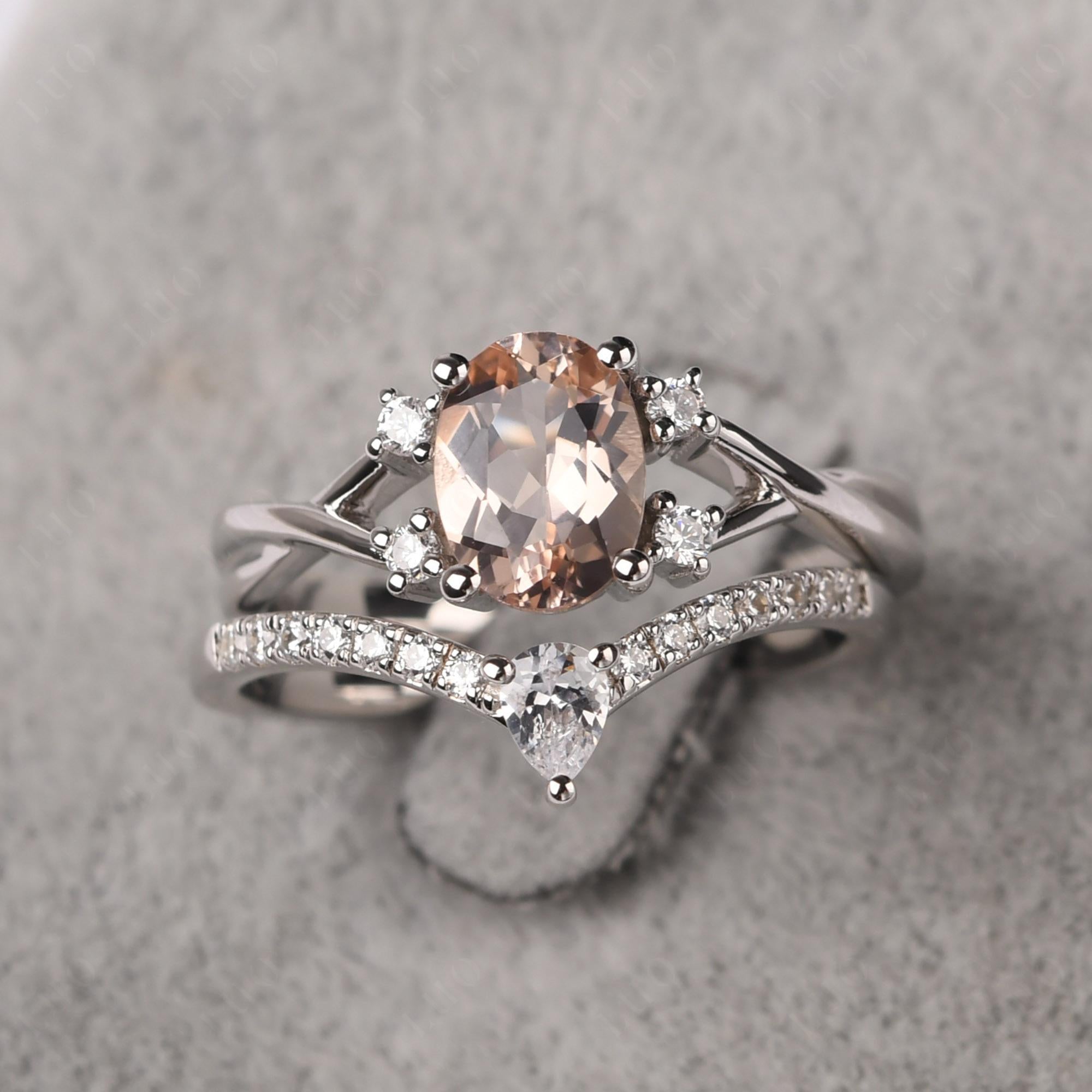 Morganite Oval Engagement Ring with Wedding Band - LUO Jewelry