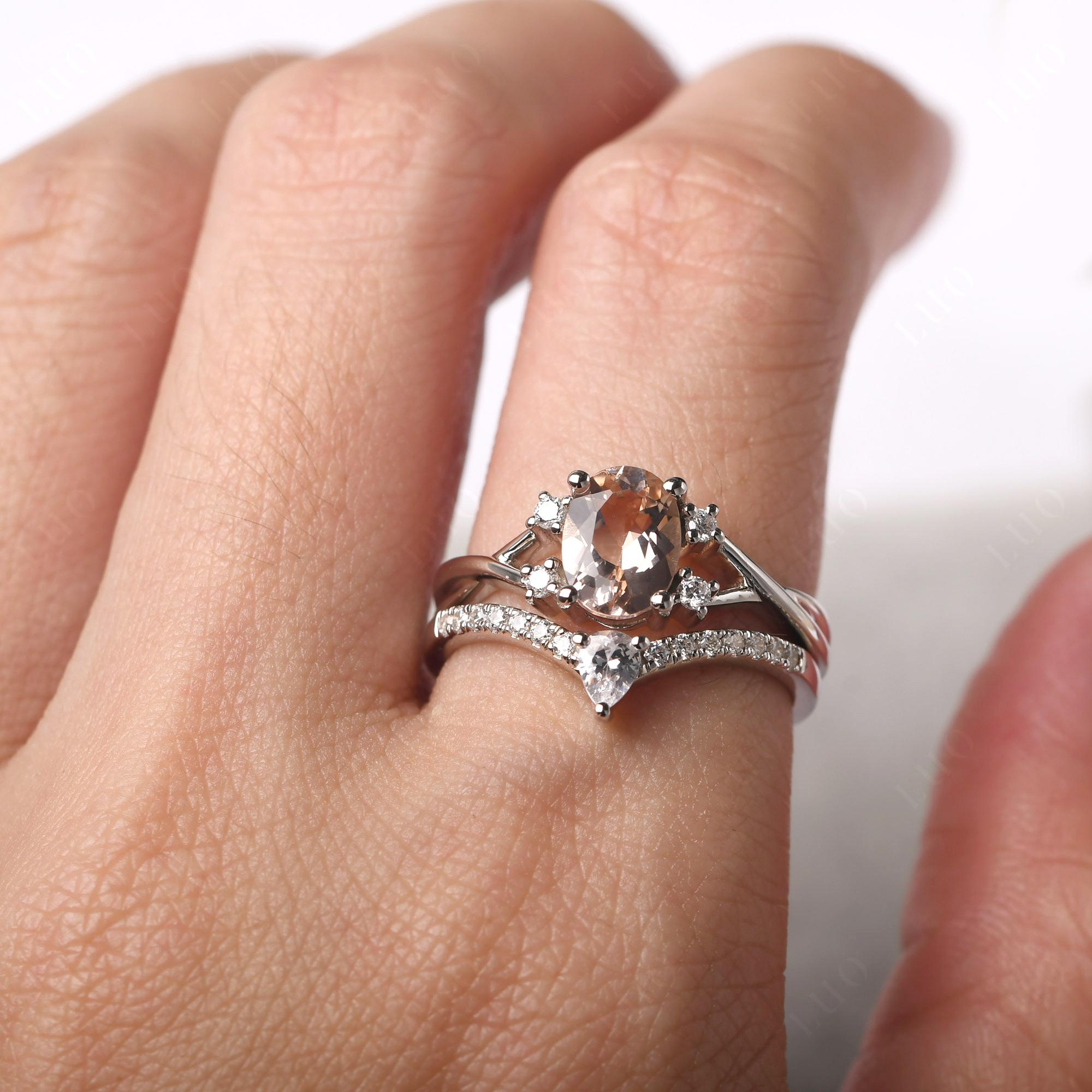 Morganite Oval Engagement Ring with Wedding Band - LUO Jewelry