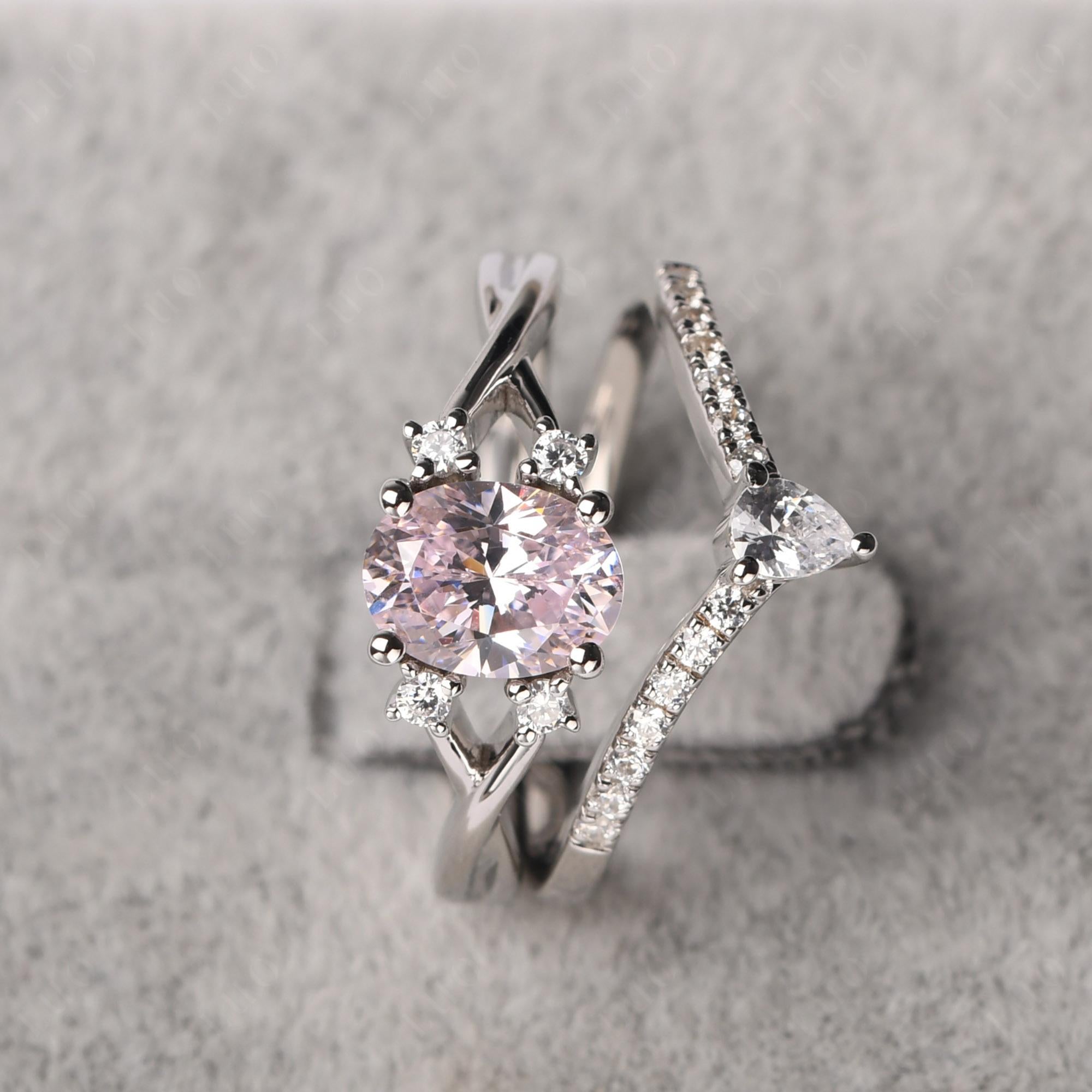 Pink Cubic Zirconia Oval Engagement Ring with Wedding Band - LUO Jewelry