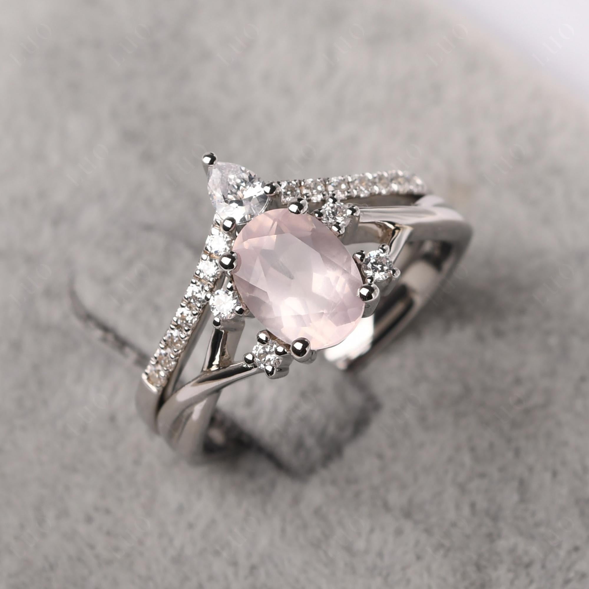 Rose Quartz Oval Engagement Ring with Wedding Band - LUO Jewelry