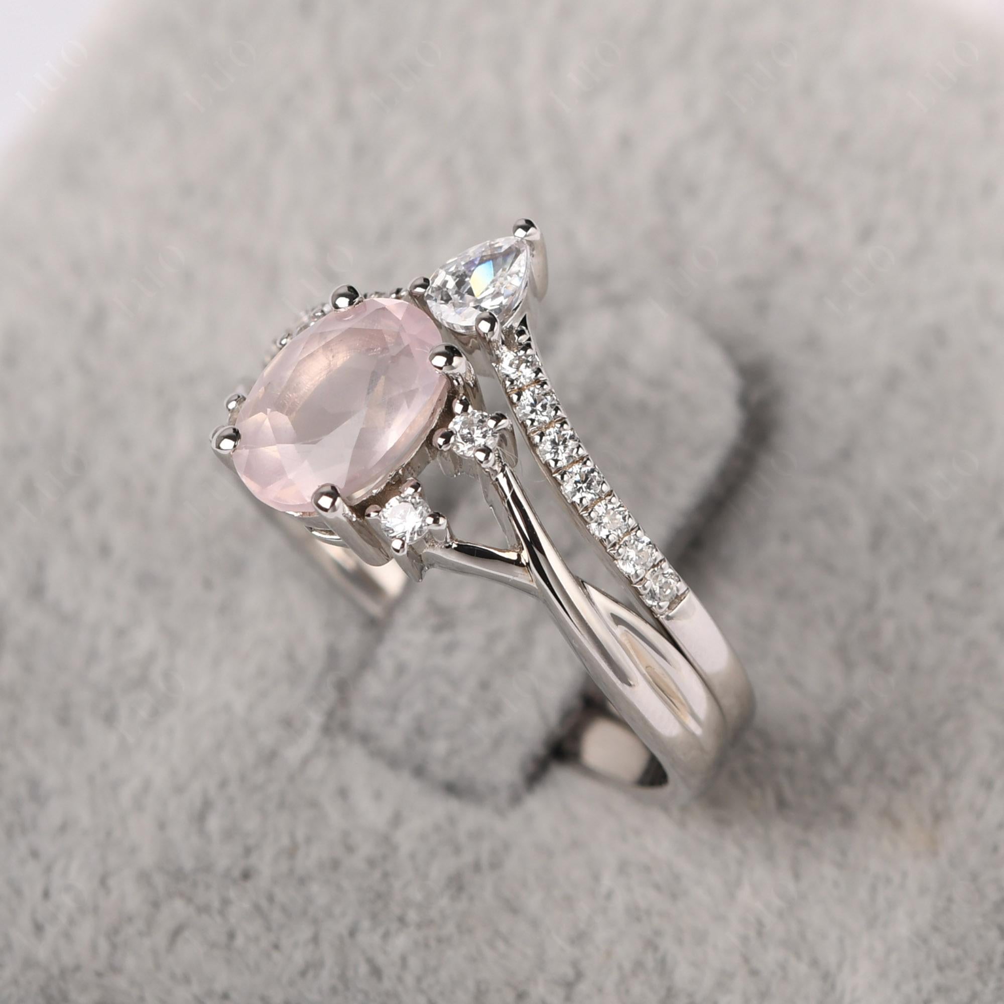 Rose Quartz Oval Engagement Ring with Wedding Band - LUO Jewelry