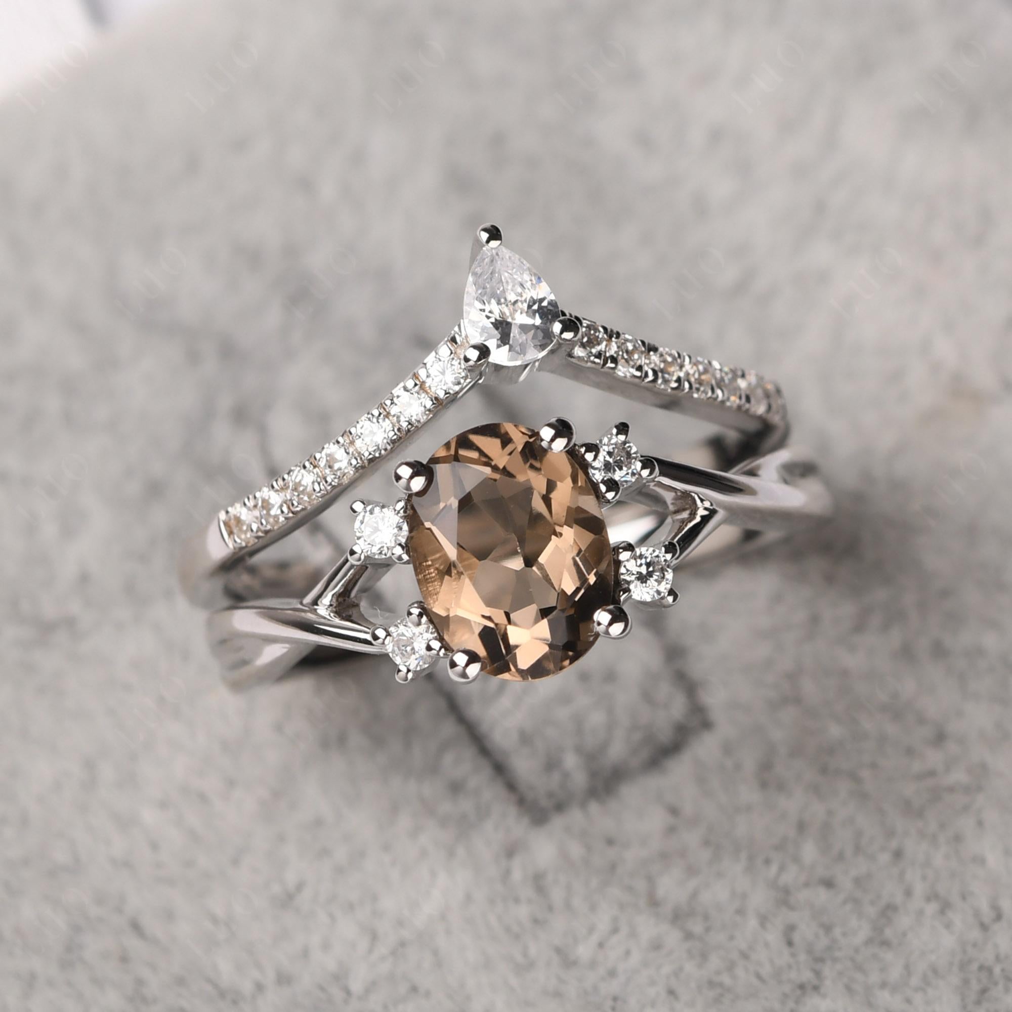 Oval Smoky Quartz Wedding Ring Set - LUO Jewelry