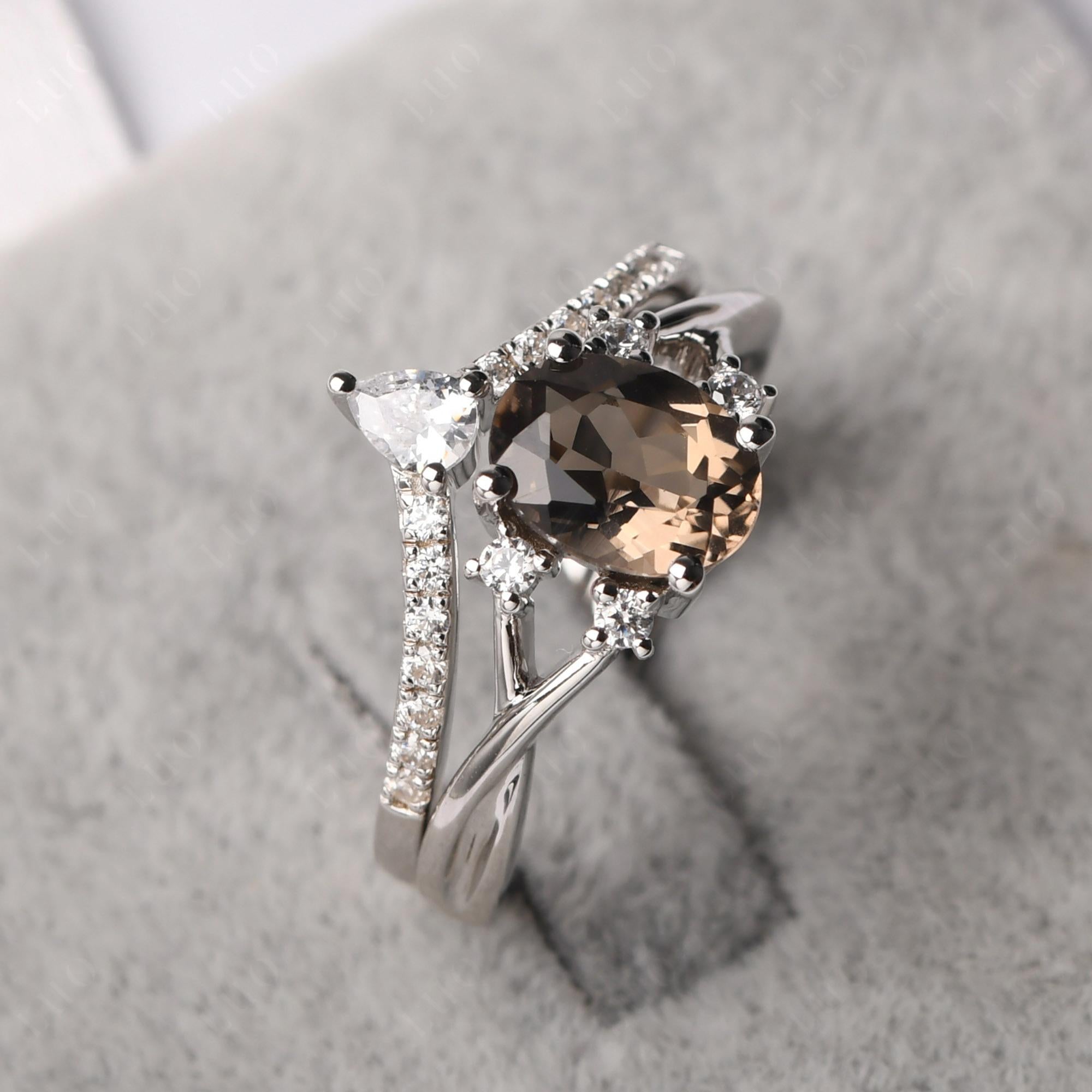 Oval Smoky Quartz Wedding Ring Set - LUO Jewelry