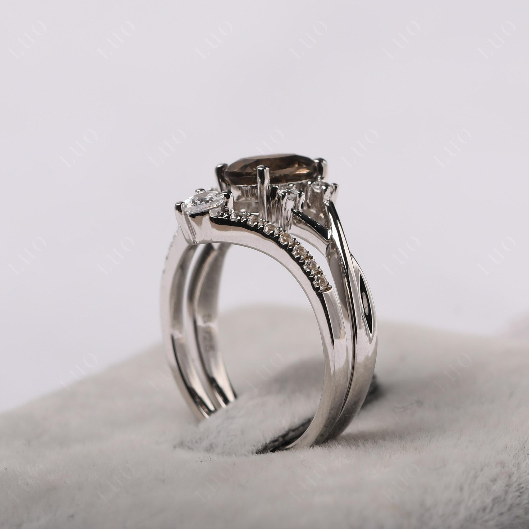 Oval Smoky Quartz Wedding Ring Set - LUO Jewelry