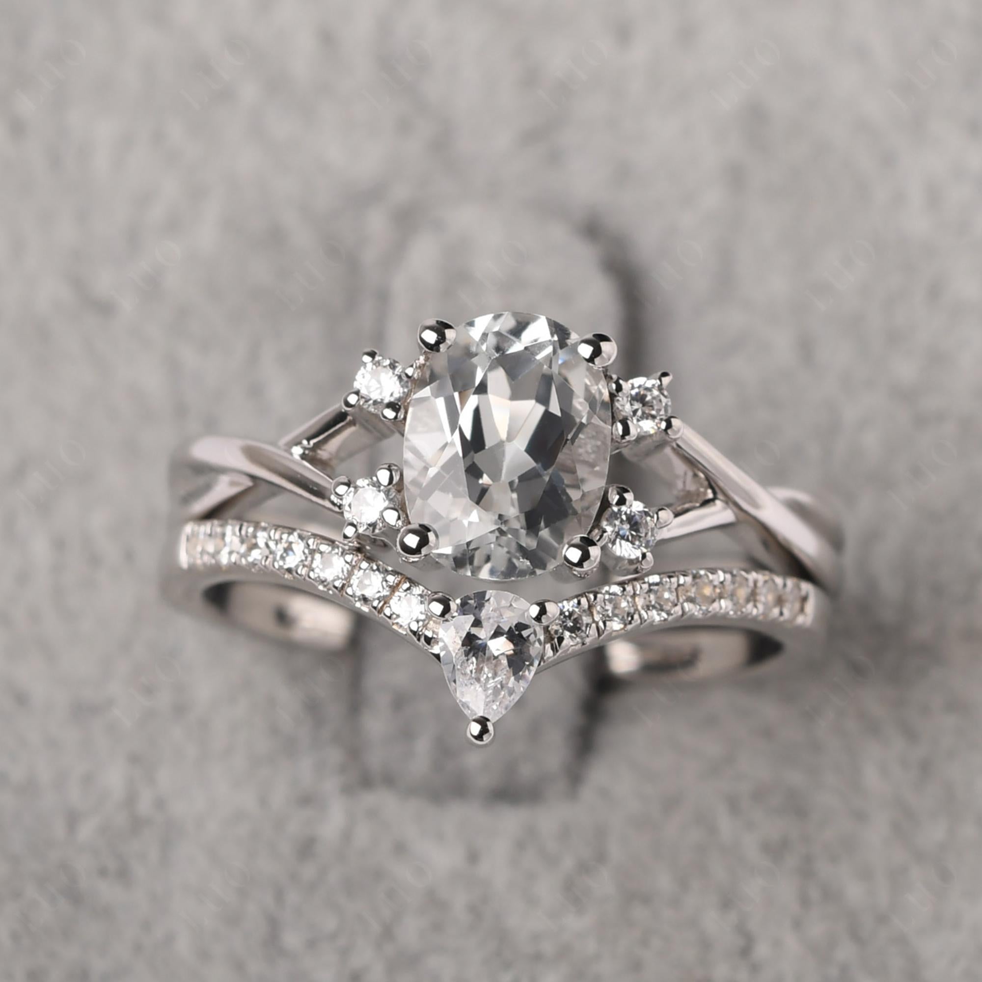 White Topaz Oval Engagement Ring with Wedding Band - LUO Jewelry