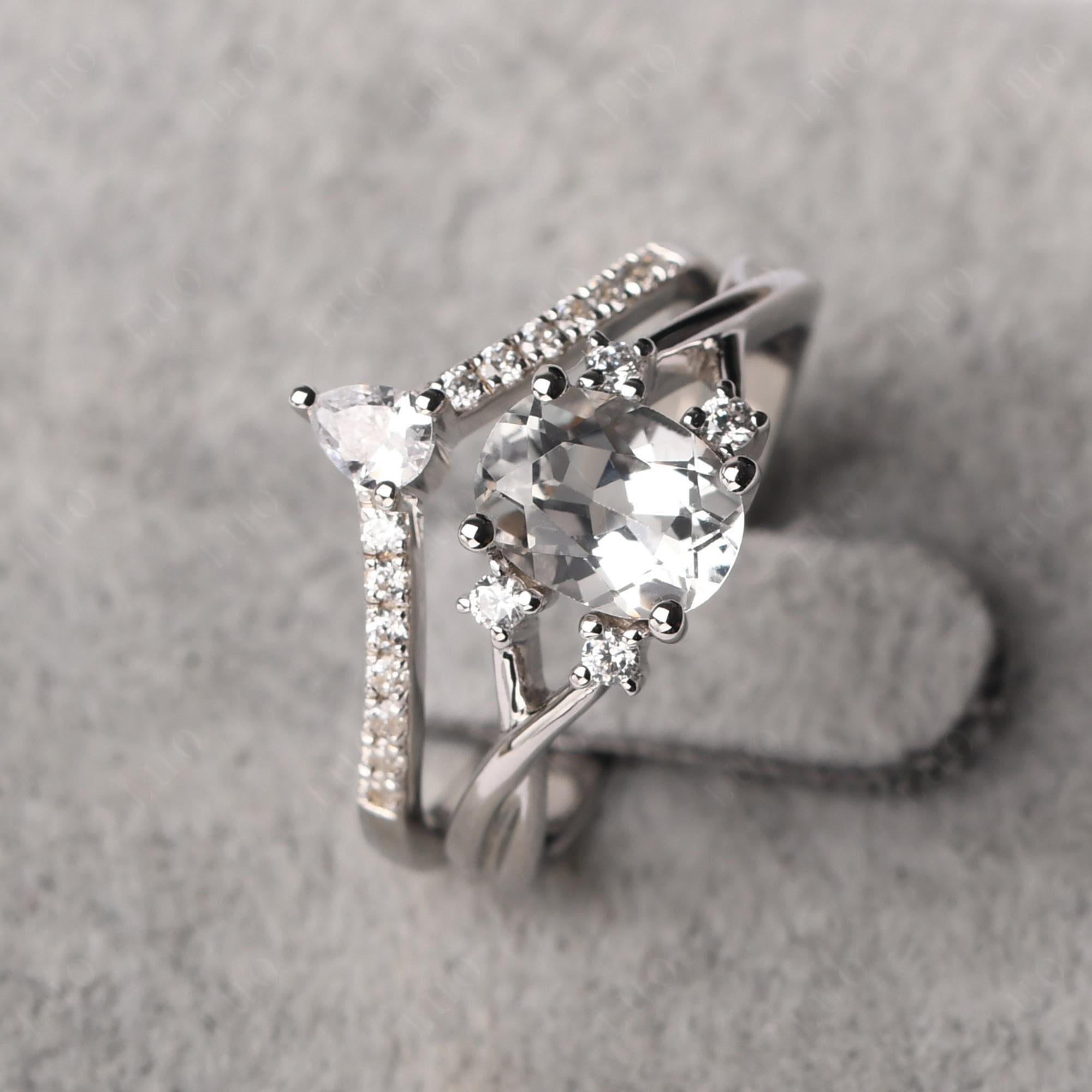 White Topaz Oval Engagement Ring with Wedding Band - LUO Jewelry