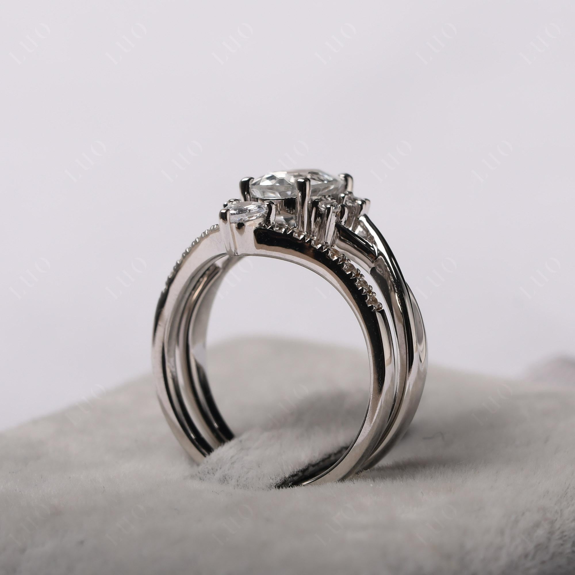 White Topaz Oval Engagement Ring with Wedding Band - LUO Jewelry