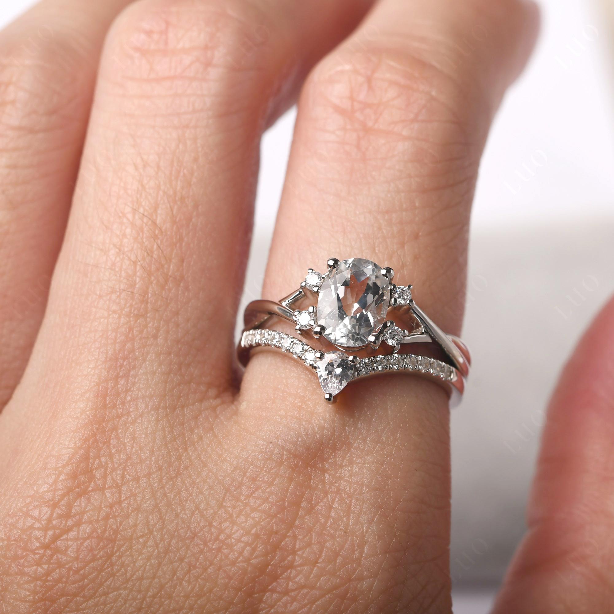White Topaz Oval Engagement Ring with Wedding Band - LUO Jewelry