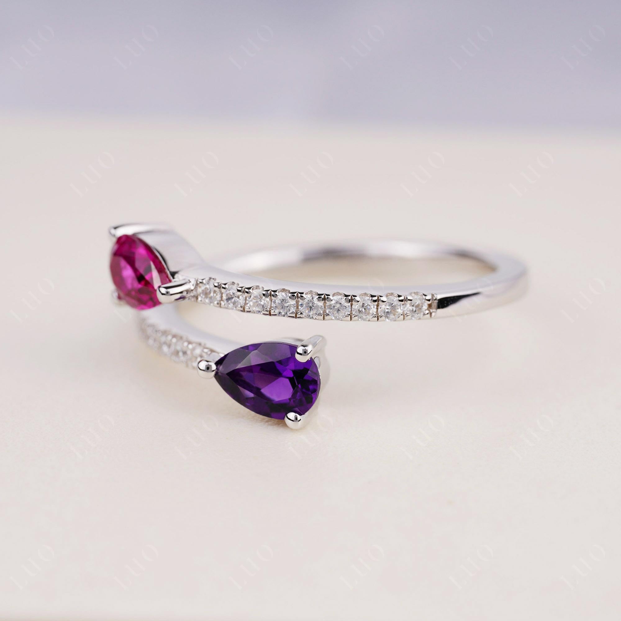 Two Stone Amethyst and Ruby Open Ring - LUO Jewelry