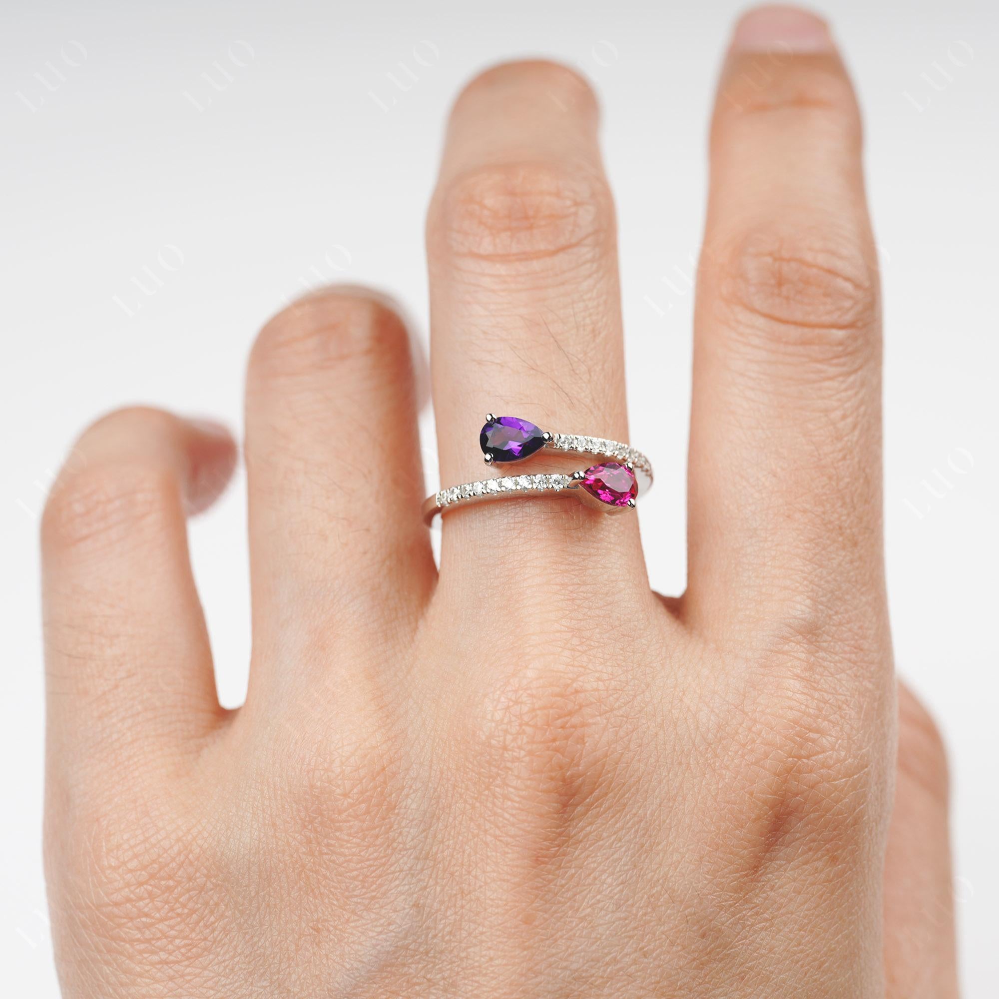 Two Stone Amethyst and Ruby Open Ring - LUO Jewelry