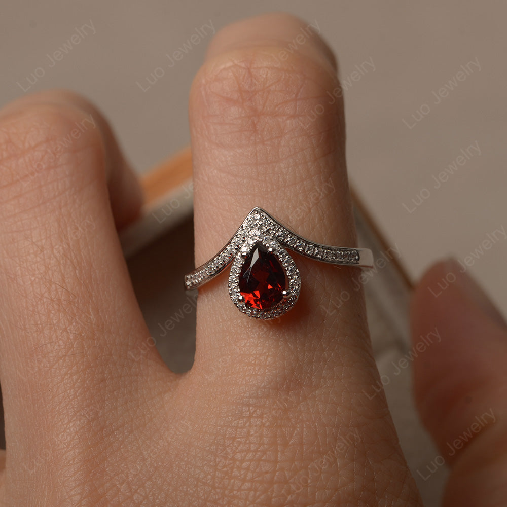 Teardrop Shaped Garnet Halo Engagement Ring - LUO Jewelry