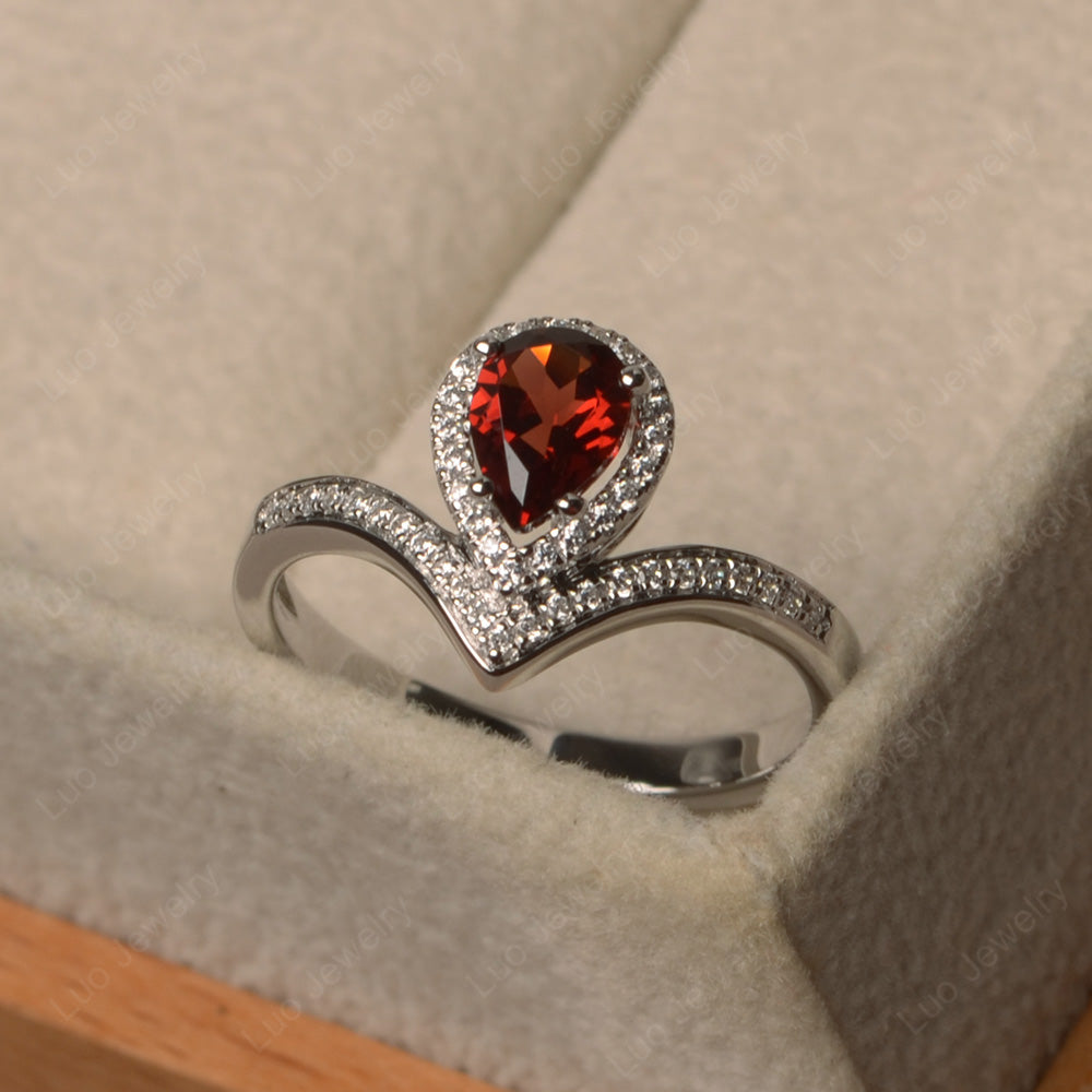 Teardrop Shaped Garnet Halo Engagement Ring - LUO Jewelry