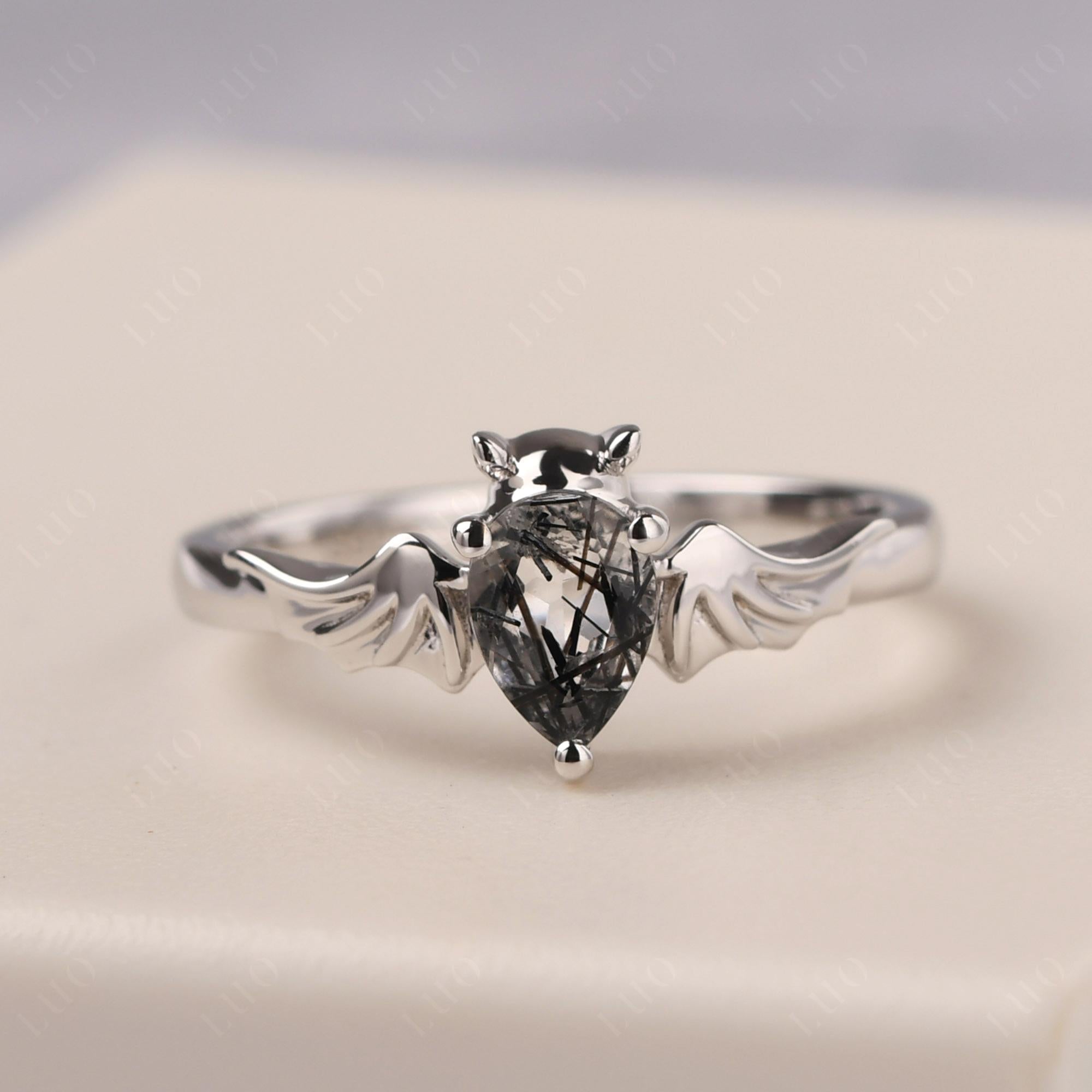 Black Rutilated Quartz Bat Engagement Ring - LUO Jewelry