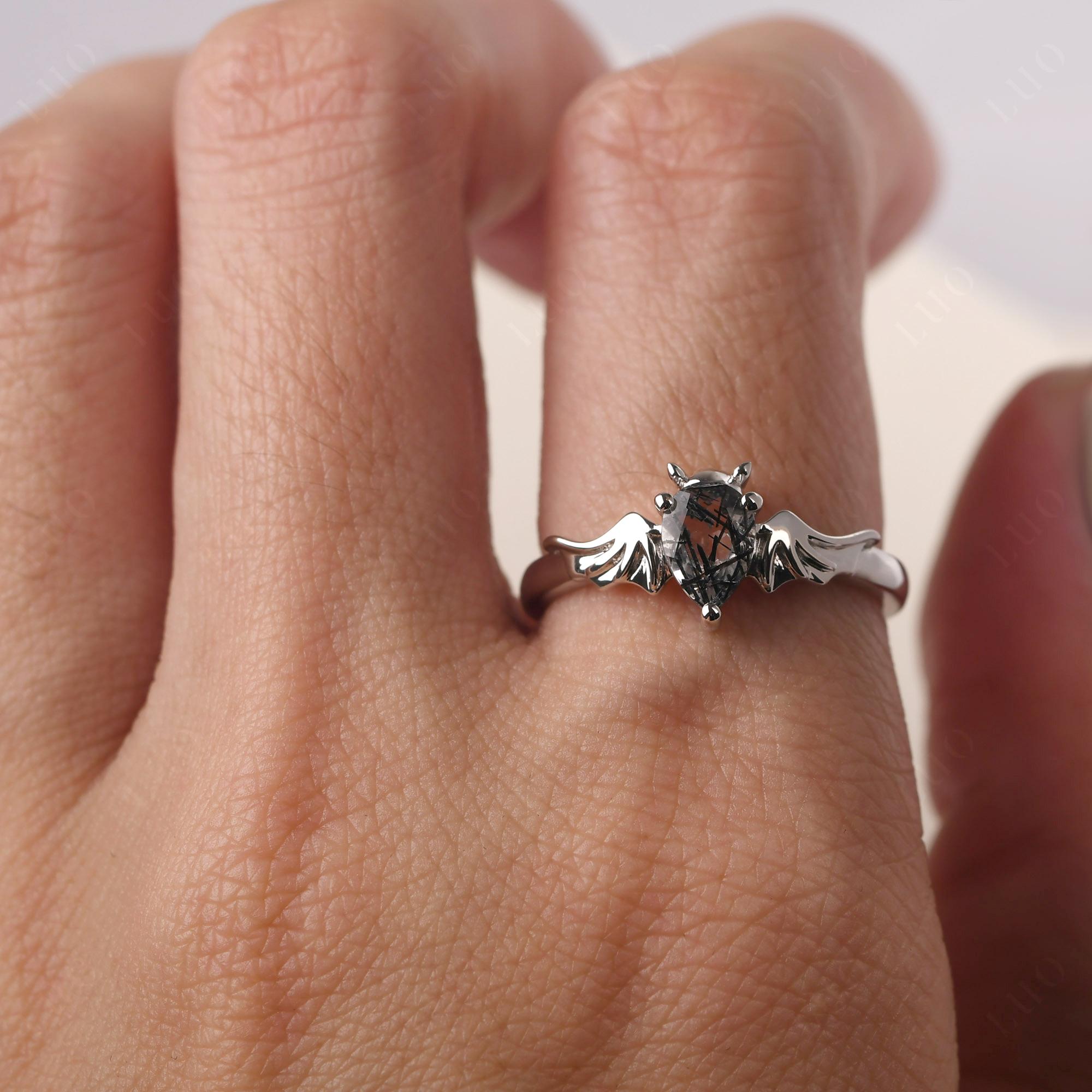 Black Rutilated Quartz Bat Engagement Ring - LUO Jewelry